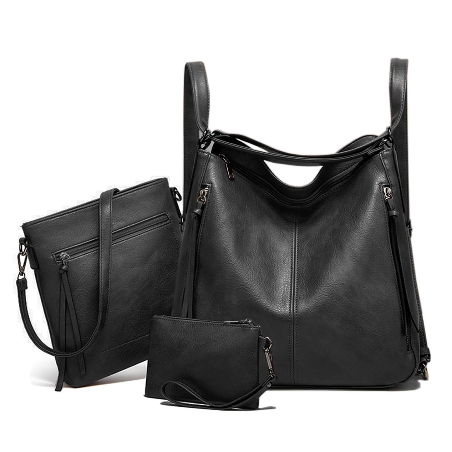 Tote Handbags for Women Convertible Backpack Purses PU Leather Hobo Bags Crossbody Shoulder Bag Satchel Purse Set 3pcs, Black