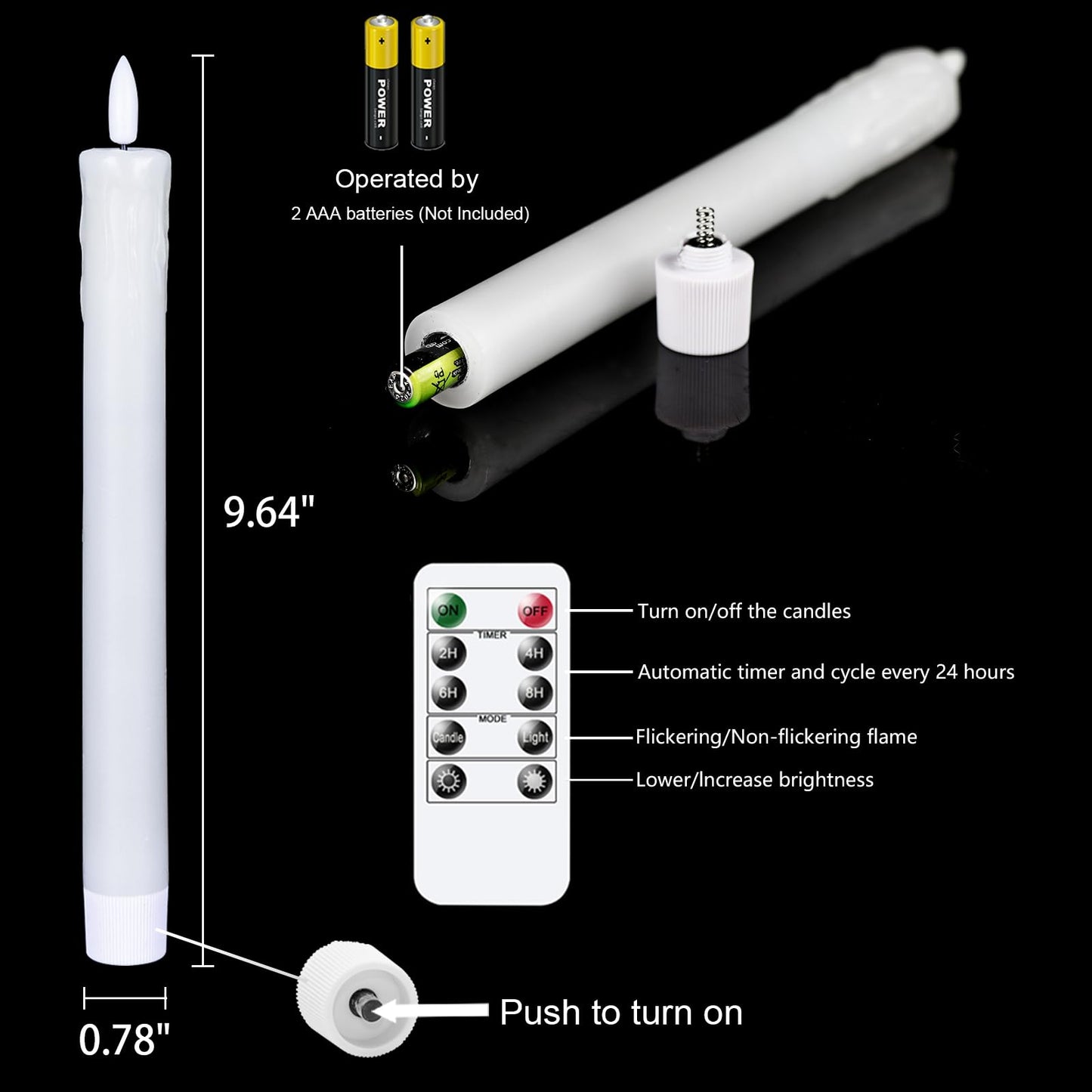 GenSwin Drip Wax Flameless Taper Candles Flickering with 10-Key Remote, Battery Operated Led Warm 3D Wick Light Window Candles Real Wax Pack of 6, Christmas Home Wedding Decor(White, 0.78 X 9.64 Inch)