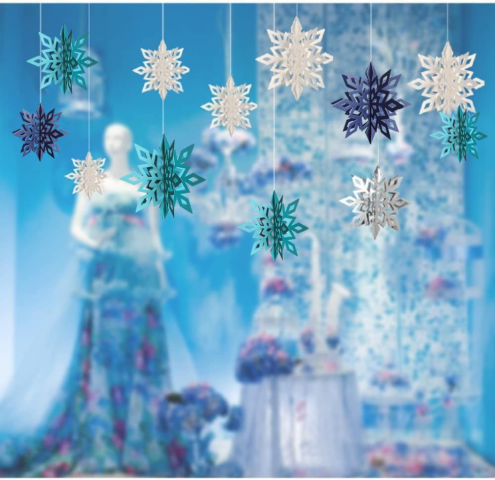 Winter Snowflake Hanging Decorations - 3D Large Blue Snowflakes Paper Hanging Garland for Christmas Winter Wonderland Holiday New Year Party Home Decoration 12PCS (Blue&Light Blue)