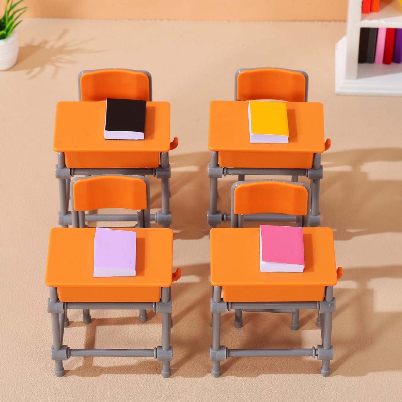 Housoutil 4sets Miniature School Furniture Set, Dollhouse Desk and Chair Play Modern, Realistic Miniature School Supplies for Dollhouse Decor and Pretend Play