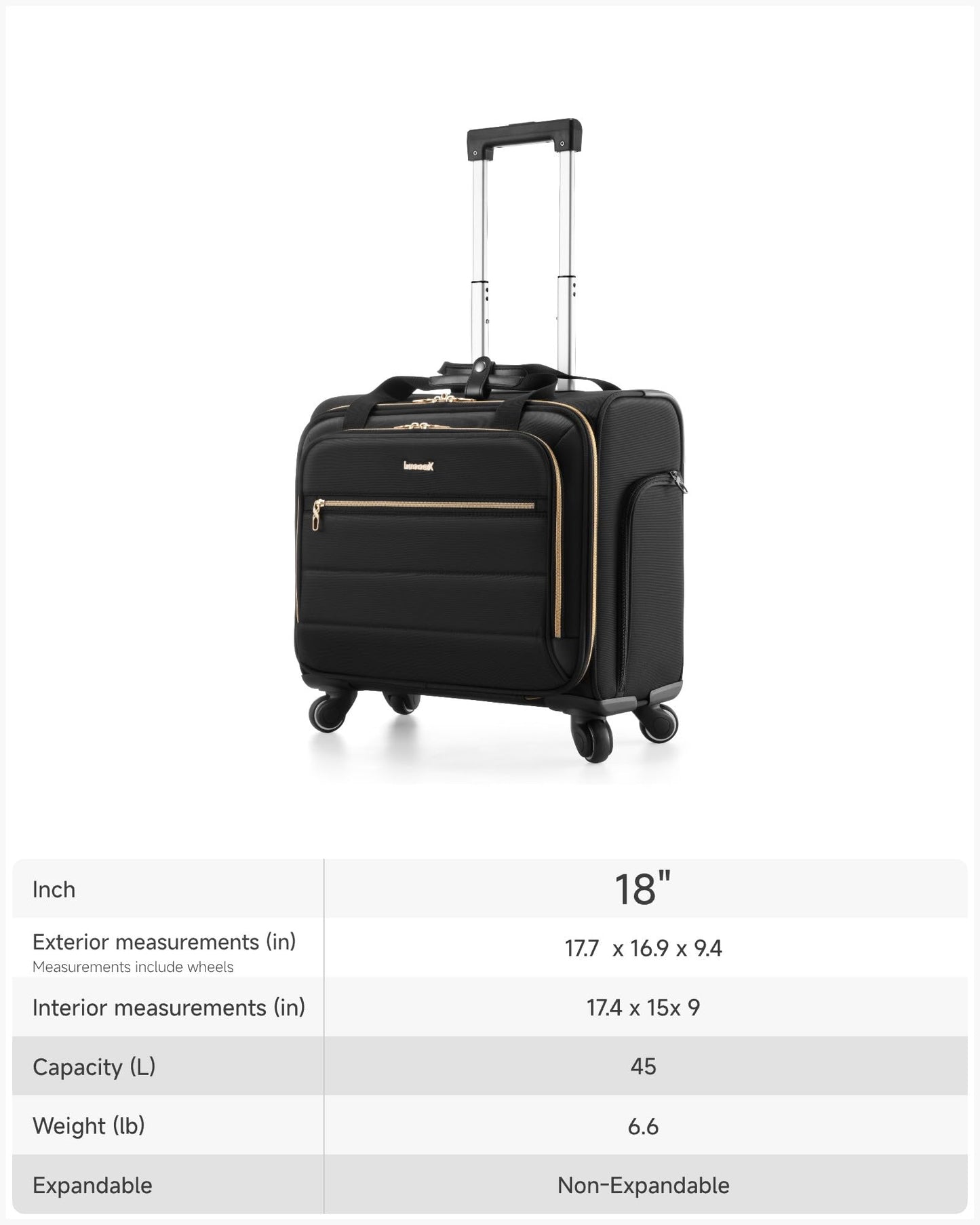LUGGEX Rolling Laptop Bag with Wheels, 17.3" Soft Sided Laptop Rolling Briefcase with 4 Spinner Wheels - Lightweight Carry On for Business Travel Overnight (UDS-Core, Black, 18 Inch)