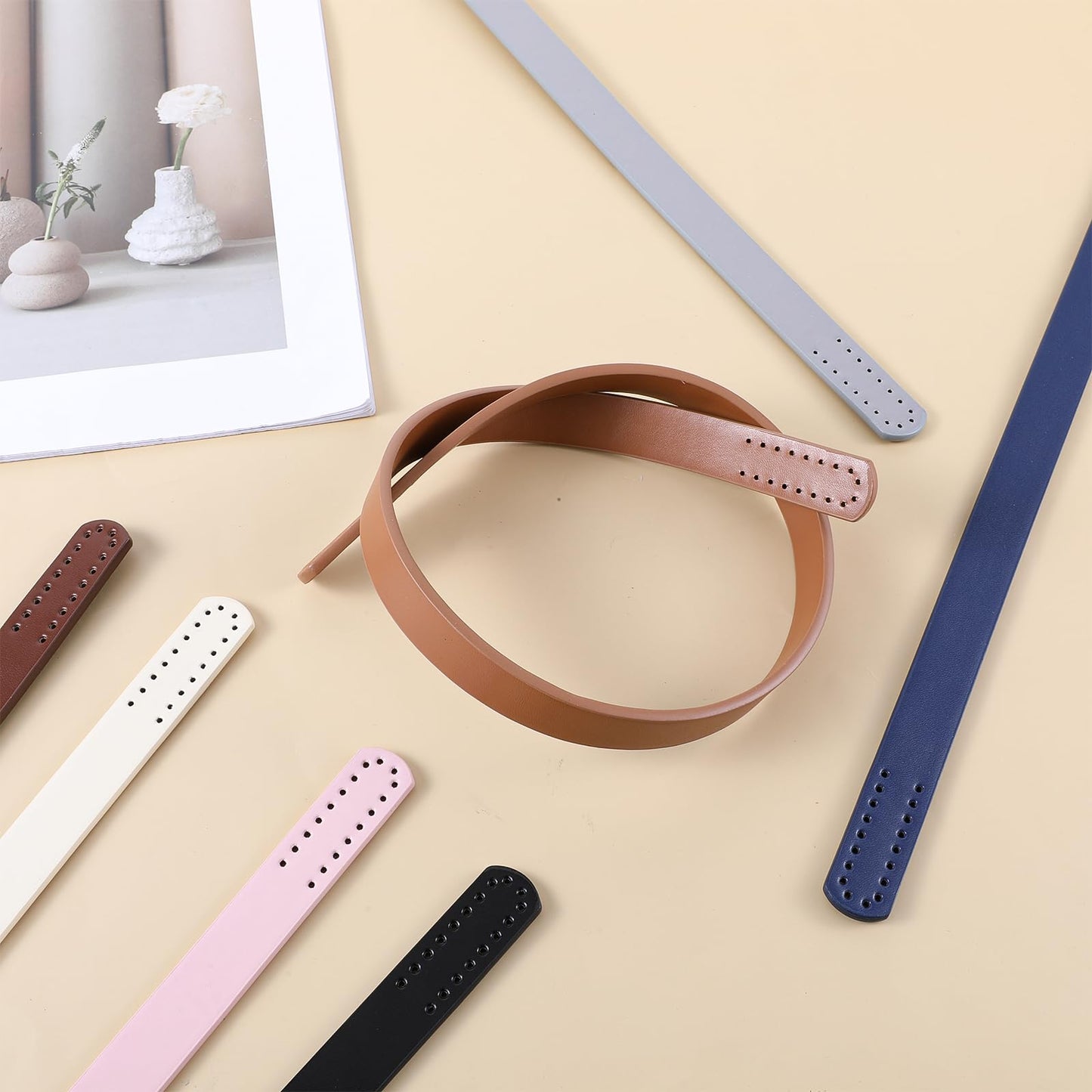 16pcs PU Leather Bag Handles 23.5 inch Leather Purse Strap Bag Handle Replacement for DIY Crocheted Bags Purse Wallet Tote Bag Handmade Bag Leather Purse Repair