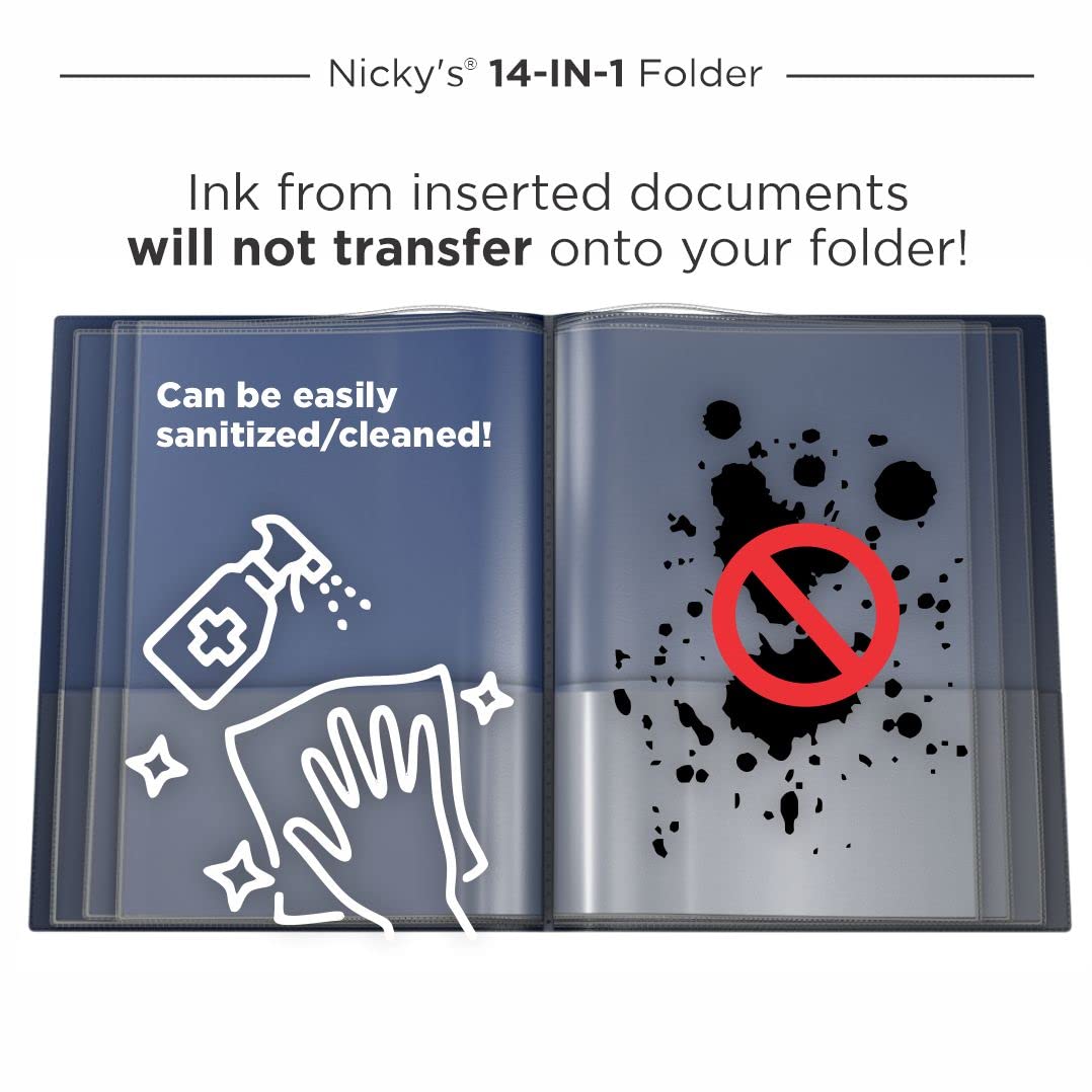Nicky's® Multi Pocket Organizer, 10 or 14 Page Folder, Waterproof, Patented Tear-Resistant, Flexible Plastic, Proudly Made in USA, Binder Substitute. (14-in-1 Navy Blue)