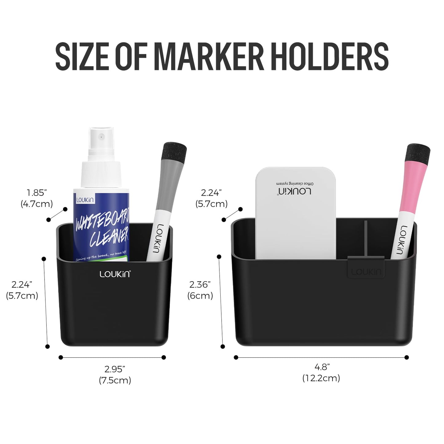 loukin Magnetic & Adhesive Dry Erase Marker Holder with Divider, 1 Small + 1 Mini, Magnetic Storage Organizer for Whiteboard or Refrigerators (Black)