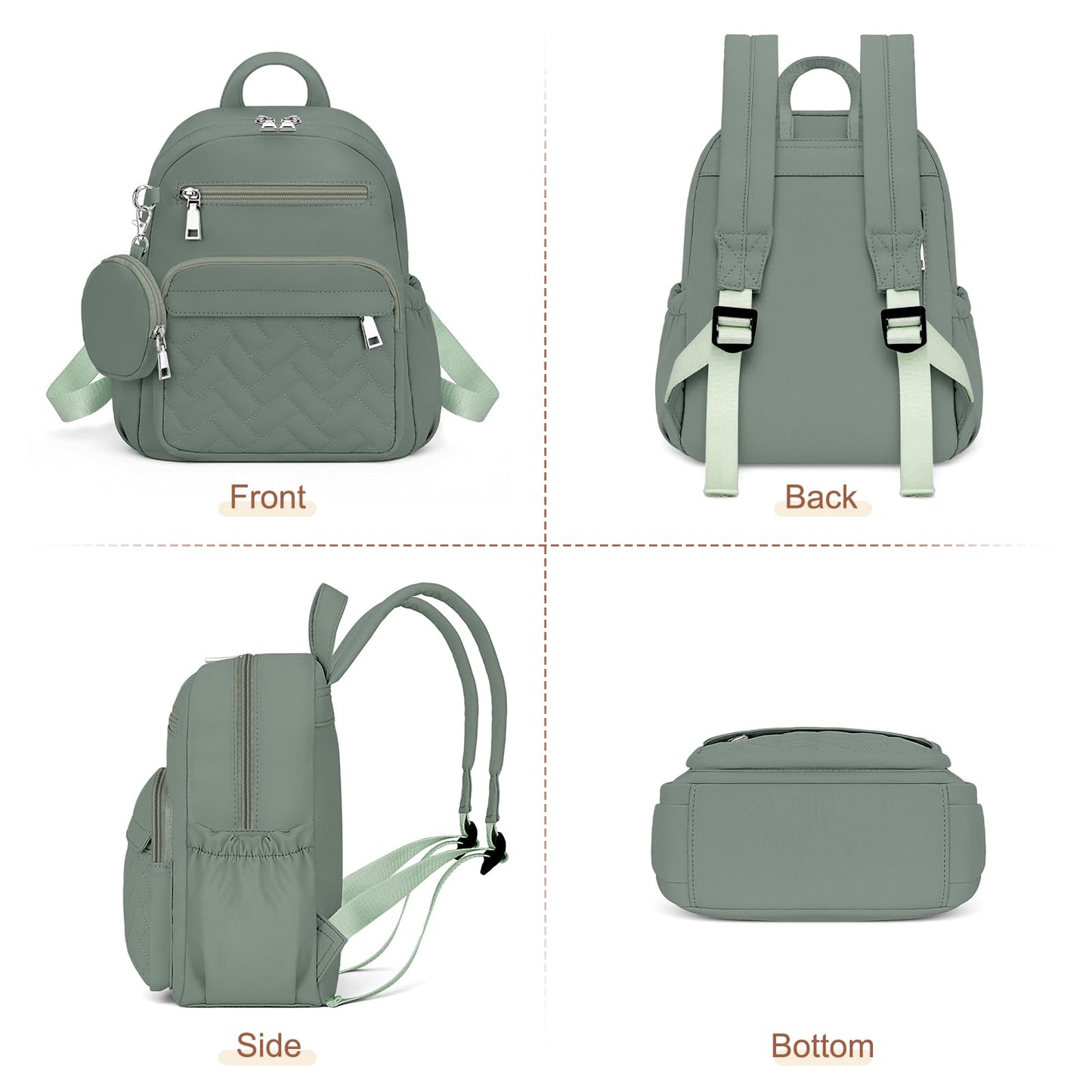 SYTRAH Mini Backpack for Women Small Backpack Purse, Anti Theft Backpack Waterproof Lightweight Puffer Back packs for Travel, Work with Coin Purse Green