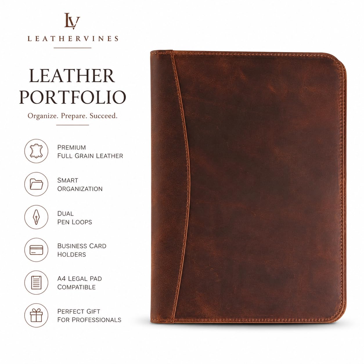 Leathervine Compact Leather Portfolio with Clipboard | Legal Pad | Card Holders | File Pocket | Pen Loop | Premium Organizer for Meetings | Work | Interviews | Graduation Gifts