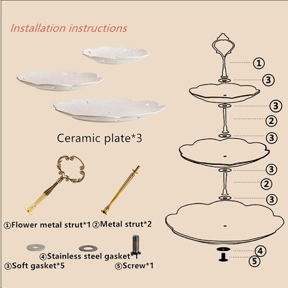 BonNoces 3-Tier Porcelain Embossed Cupcake Stand - Pure White Rimmed with Gold Dessert Cake Stand - Pastry Serving Tray Platter for Tea Party, Wedding and Birthday