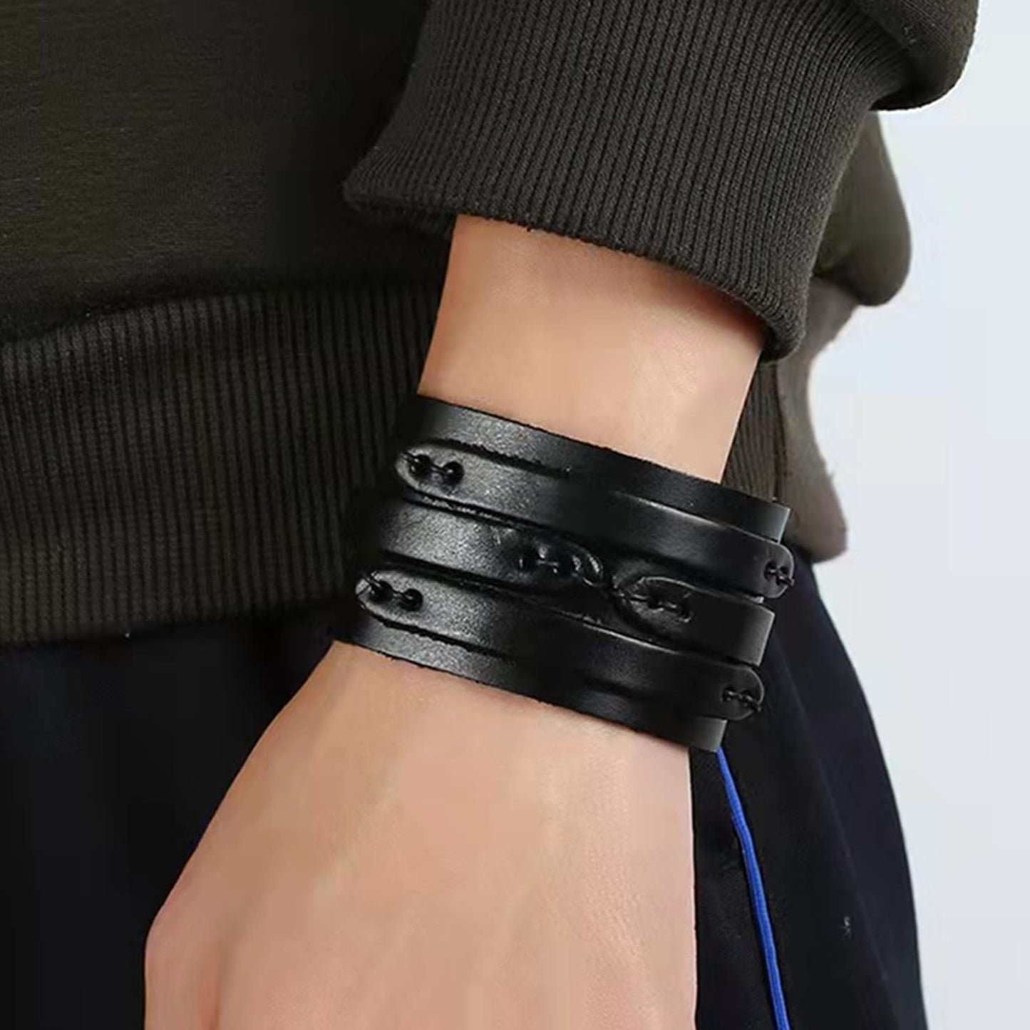 BaBakiak Punk Leather Cuff Bracelet, 2PCS Vintage Braided Leather Wristband for Men Women (Black)