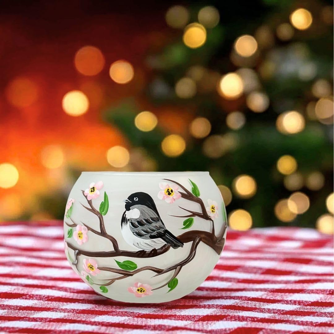 Decorvo Christmas Tea Light Candle Holder Glass - Hand Painted Mouth Blown Glass Candle Holder - Medium, Chickadee