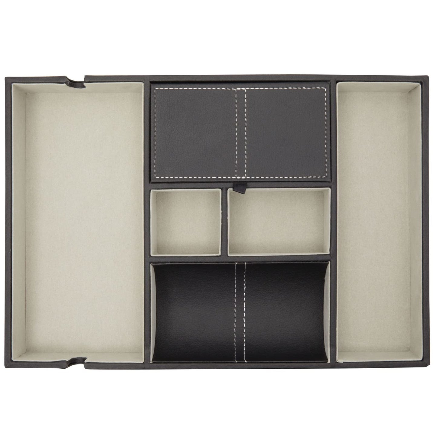Juvale Nightstand Organizer Tray - 14 x 10 x 1.5 in, Black Faux Leather - Valet Tray for Men with 6 Compartments for Watch, Jewelry & Keys