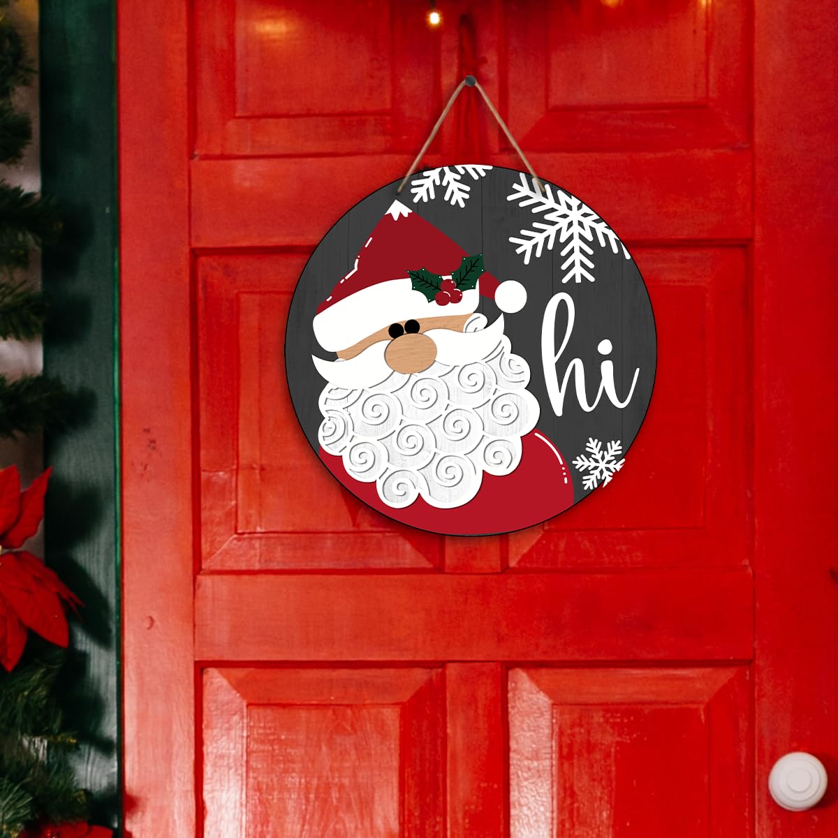 Snowflake Santa Merry Christmas Welcome Sign - Santa Christmas Door Hanger - Hello Winter Round Wooden Decor for Tree, Front Door, Porch, Wall, Party Decorations, 8X8 Inches -A20