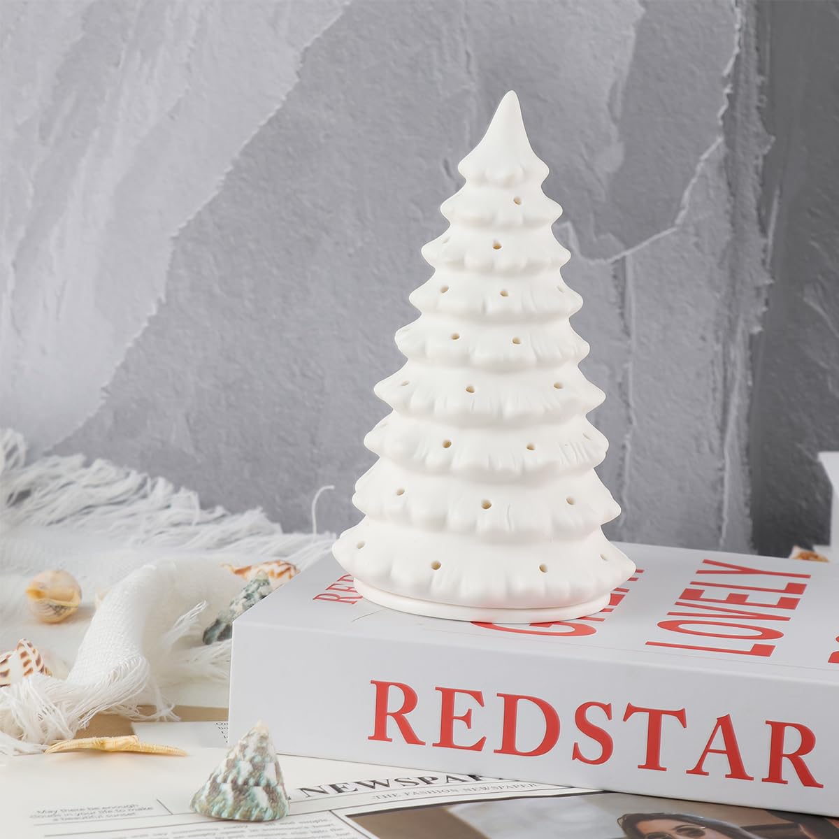 Ceramic Christmas Tree Set Tealight Ceramic Holder Height: 6.3inch Matte White Translucent Tiered Silhouette Sculptural Accents