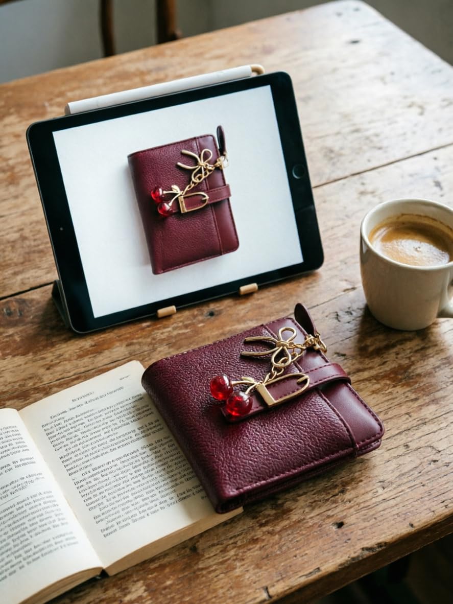 Ninmon Shares Small Wallet for Women Wine Red PU Leather Trifold Card Holder with Coin Pocket & Red Cherry Keychain (Red)