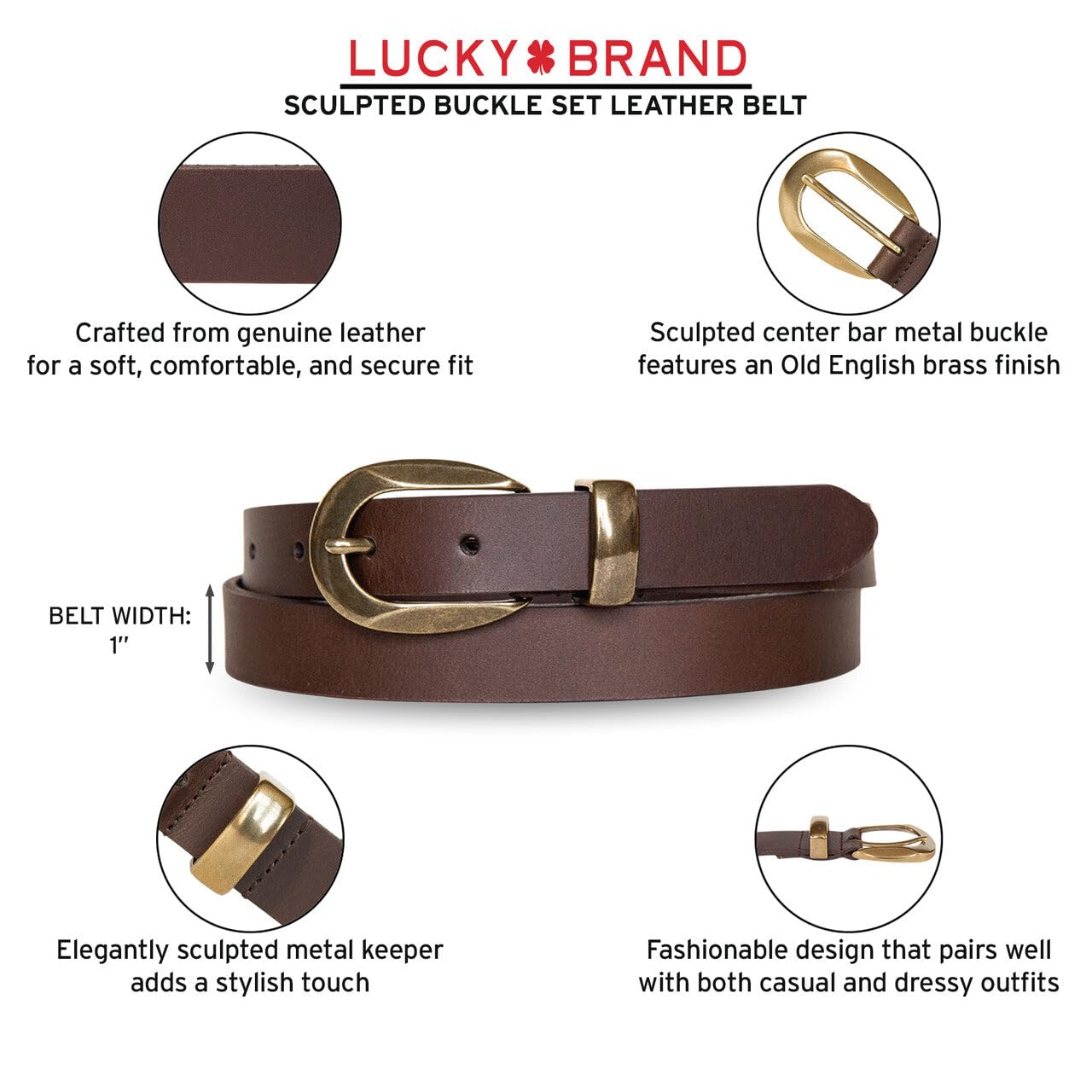 Lucky Brand Women's Minimalist Genuine Leather Belt with Antique Brass Harness Buckle, Large, Brown