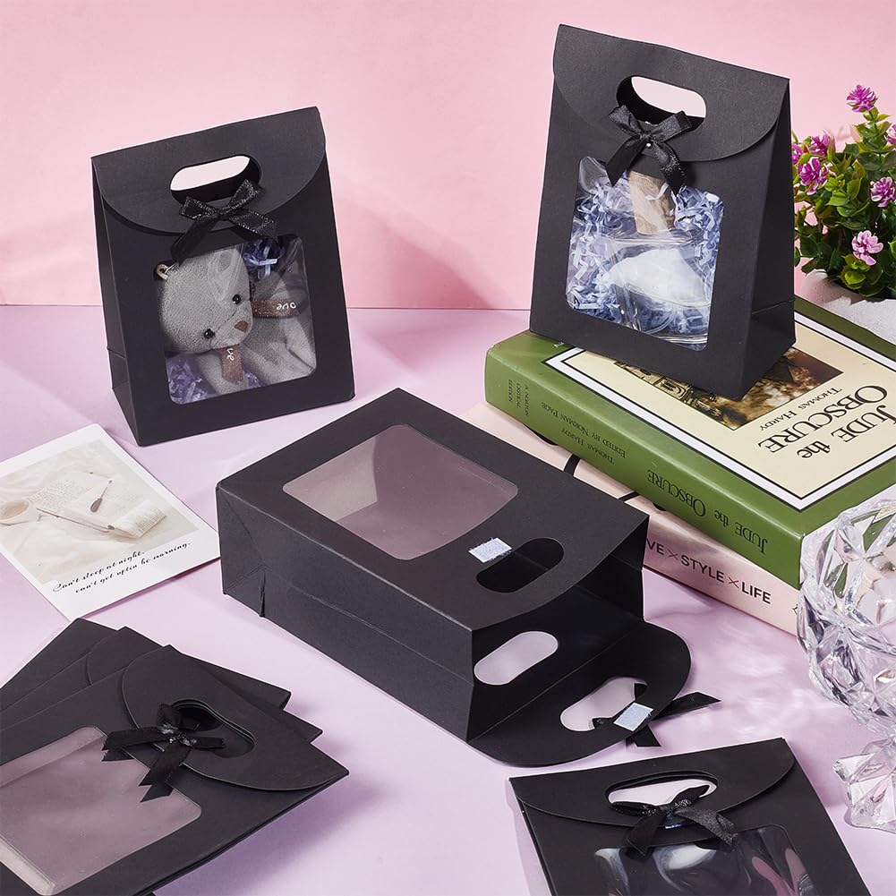 NBEADS 24 Pcs Black Kraft Paper Bags with Clear Window, Stand Up Gift Bag with Handles Small Gift Bag with Bowknot for Candy Cookies Packaging Wedding Christmas Party Store Retail