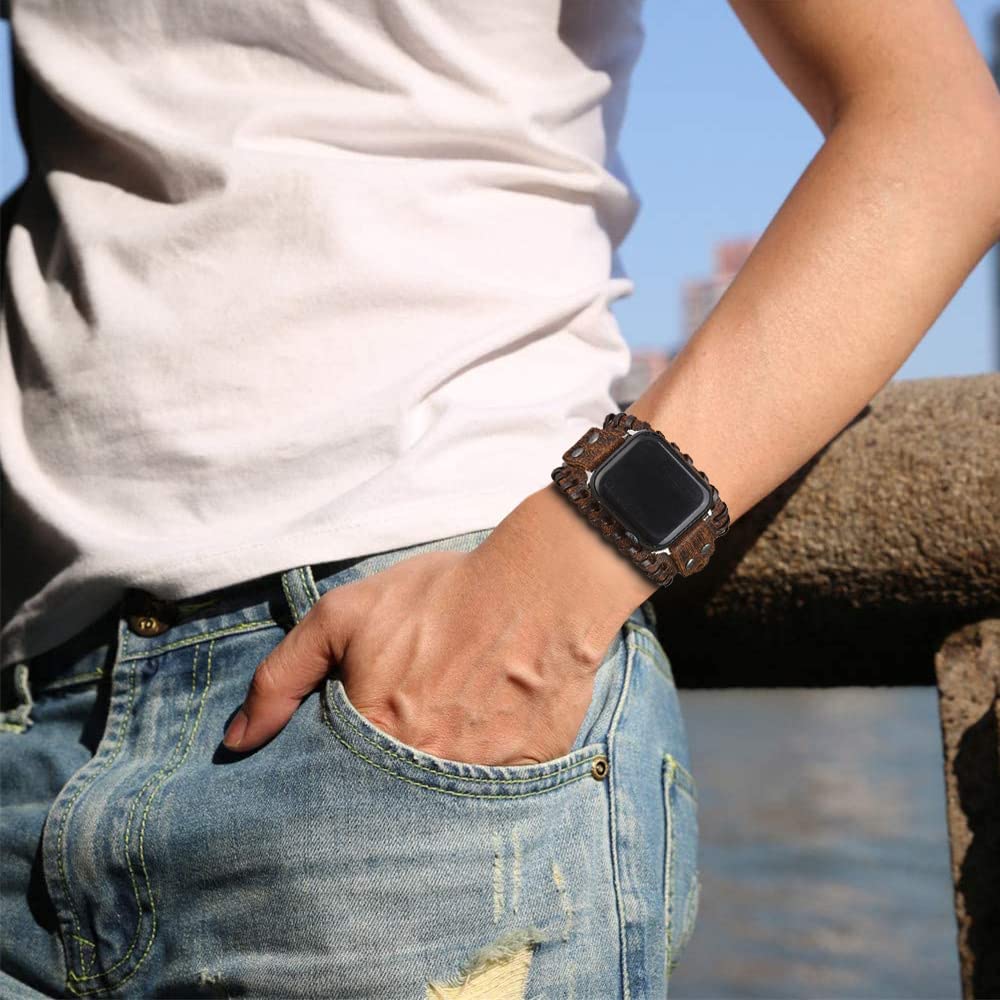 KONAFEI Compatible with Apple Watch Band 49mm 46mm 45mm 44mm 42mm 41mm 40mm 38mm iWatch Ultra Series 10/9/8/7/SE/6/5/4/3/2/1 for Men Women, Leather Handmade Cuff Bracelet Woven Vintage Strap, Brown