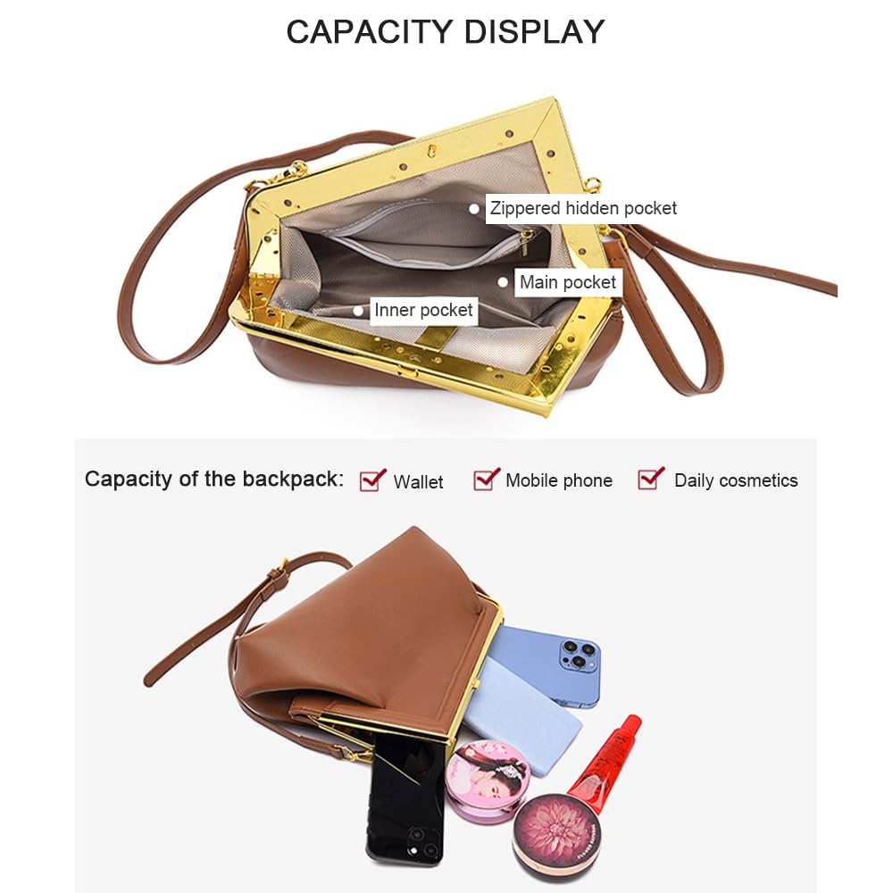 PU Leather Crossbody Bag for Women, Vintage Frame Clutch Purse with Kiss Lock Closure, Small Handbag Evening Bag (Black)