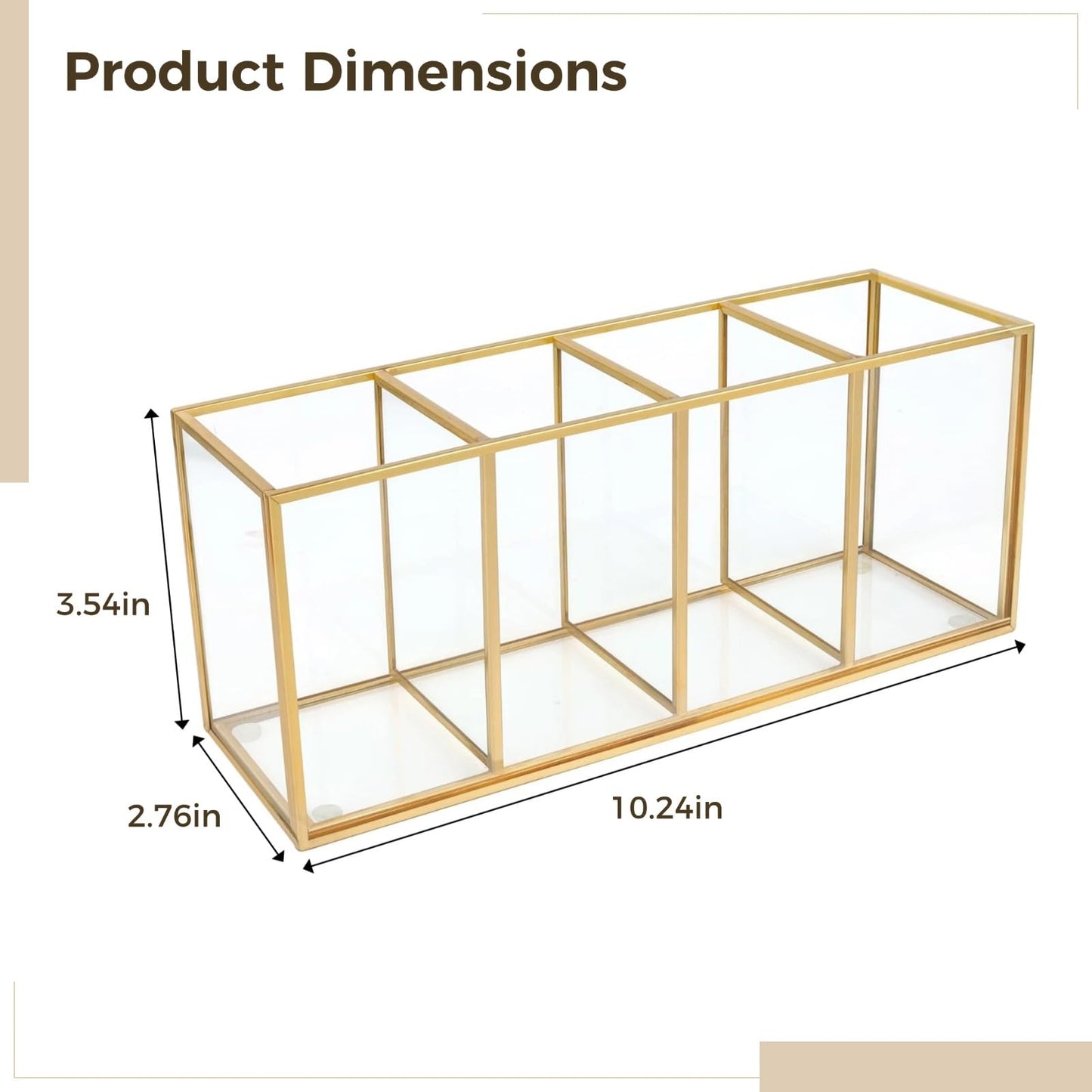 Toyosport Gold Pencil Holder, Gold Makeup Brush Holder, 4-Compartment Desktop Organizer, Transparent Glass Holder, Ideal for Makeup, Office, School Items Storage