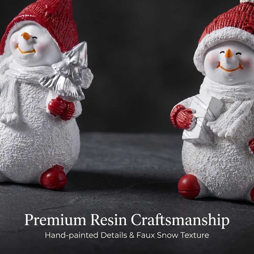 Brizoria Snowman Figurines Set of 2 White Resin Christmas Decorations with Red Accents Winter Mantel Decor and Holiday Centerpieces for Table Home Indoor Tiered Tray Room Display