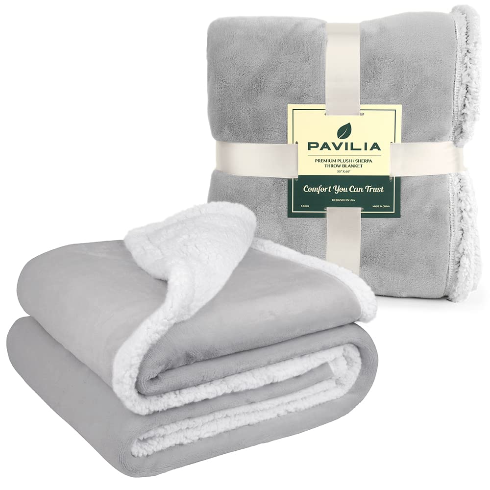 PAVILIA Sherpa Fleece Throw Blanket for Couch, Light Grey, Plush Soft Fuzzy Sofa Blanket, Cozy Reversible Winter Throw for Women Men, 50x60 Inches