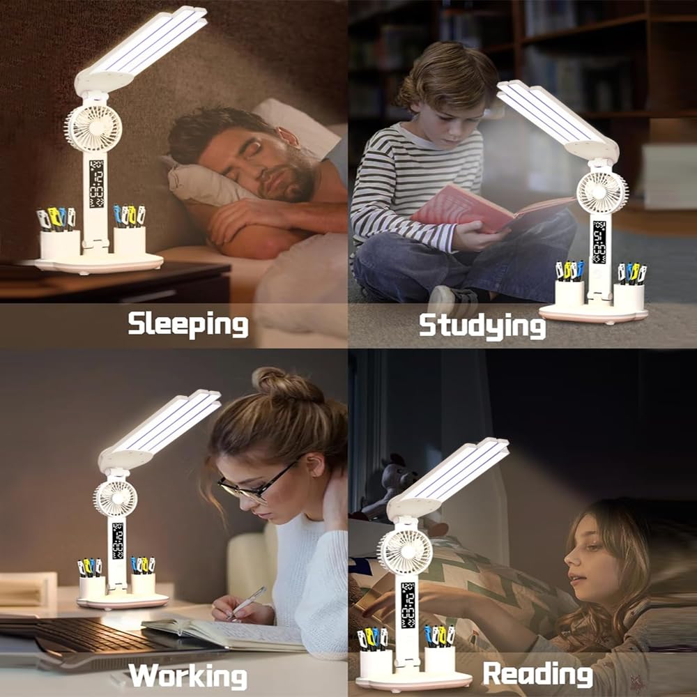 niccryle Led Desk Lamp with Fan Study Light with Clock, Adjustable Foldable Table Lamp with Pen Holder, 3 Brightness Levels, USB Charging Port