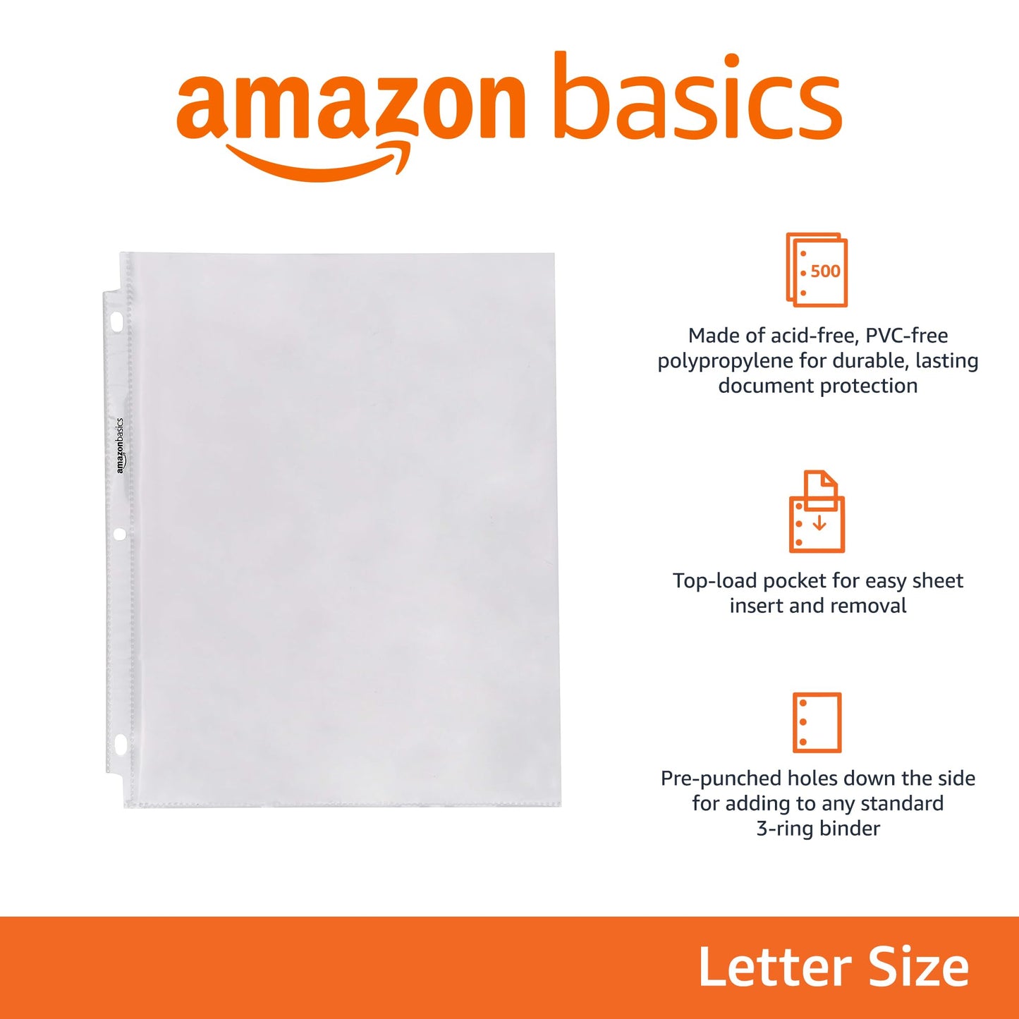 Amazon Basics Sheet Protectors for 3 Ring Binder, Heavyweight, Acid-Free, Top Loading, Polypropylene, 8.5 x 11 Inch, 500-Pack, Clear