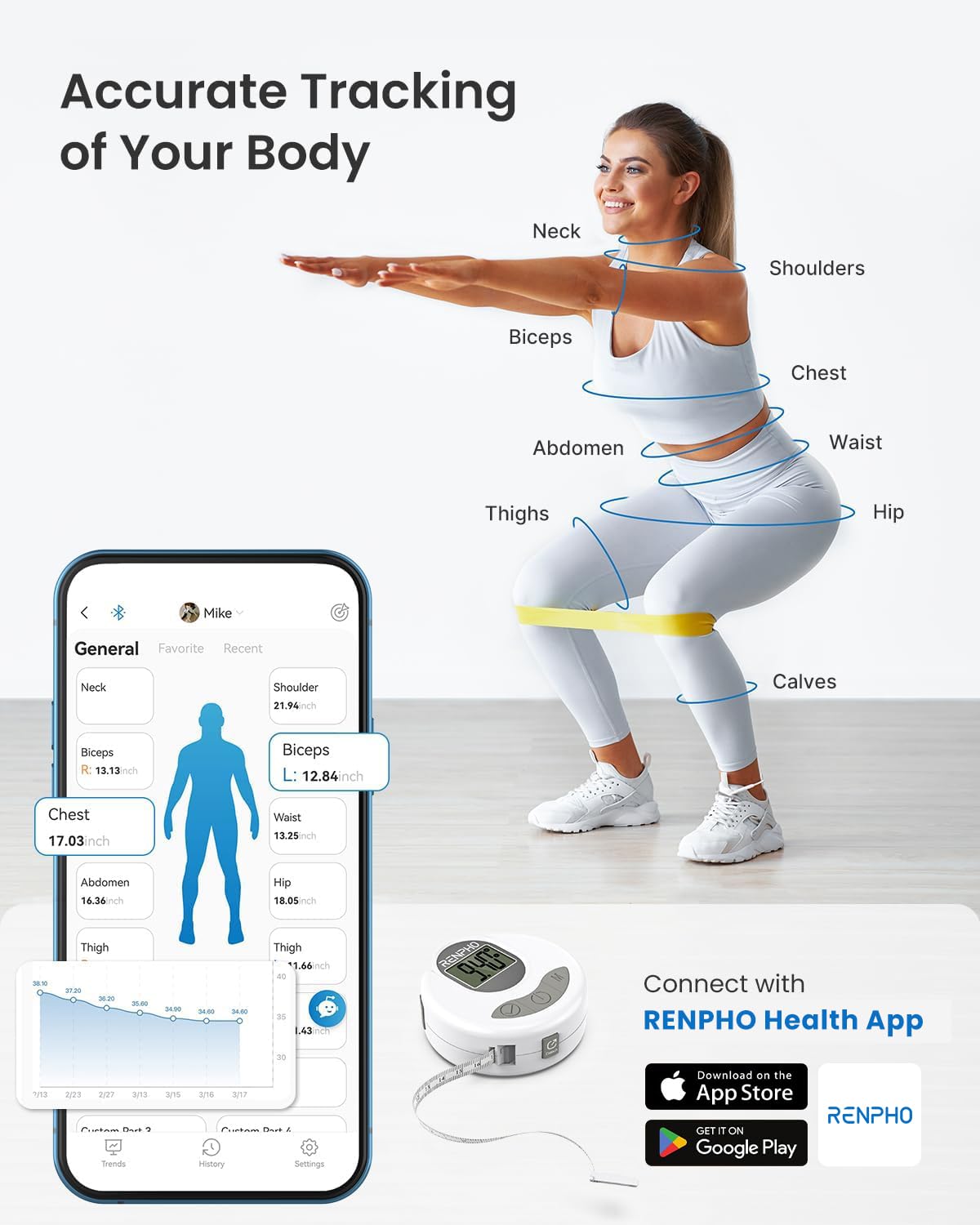 RENPHO Body Measuring Tape, Bluetooth Smart Tape Measure with Lock Hook & Retractable Function, Accurate Body Fat Measurement Device for Weight Loss, Muscle Gain, Fitness Bodybuilding, 60in /150cm