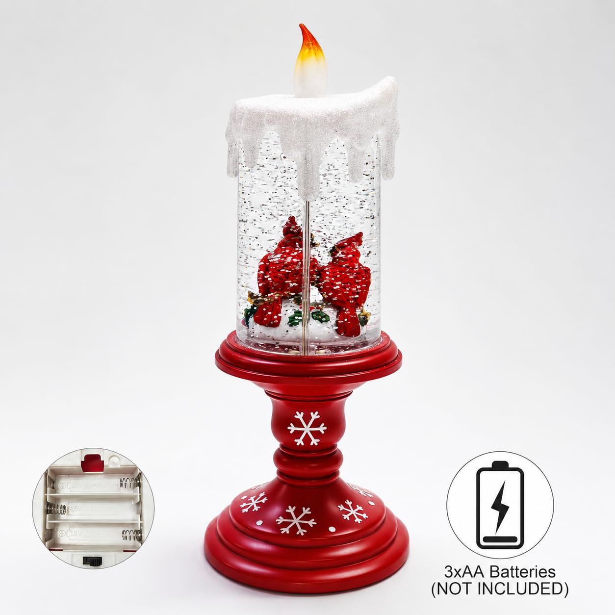 MOMENTS IN TIME LED Lighted Spinning Water Candle with Cardinals 10”H Acrylic Glitter Candle Decor Battery Operated Christmas Decoration Light-Up Holiday Lantern for Home Décor