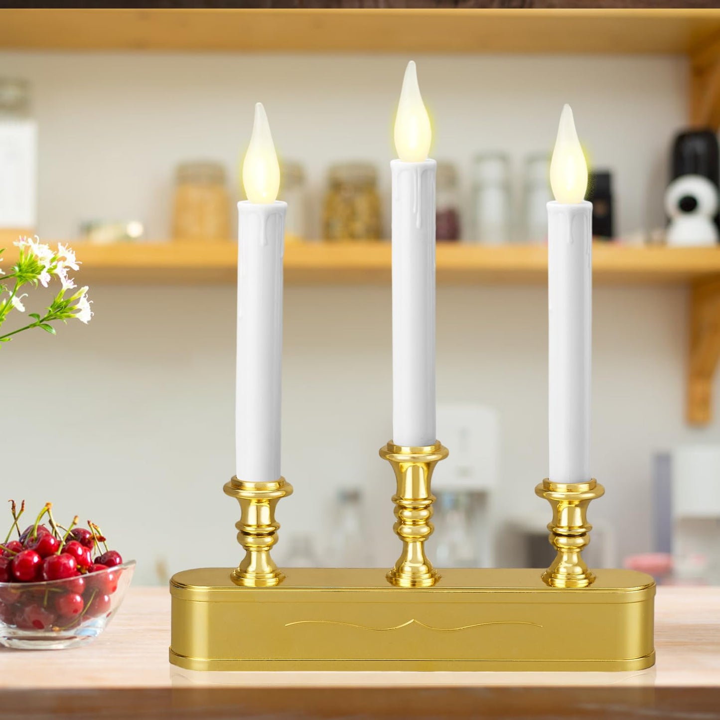 FGDECORJOIE Delicate Battery Operated Flicker Flame Gold Antique 3 Tier LED Window Candelabra 11.5 Inch Hight with Automtically Timer 8 Hours On/16 Hours Off