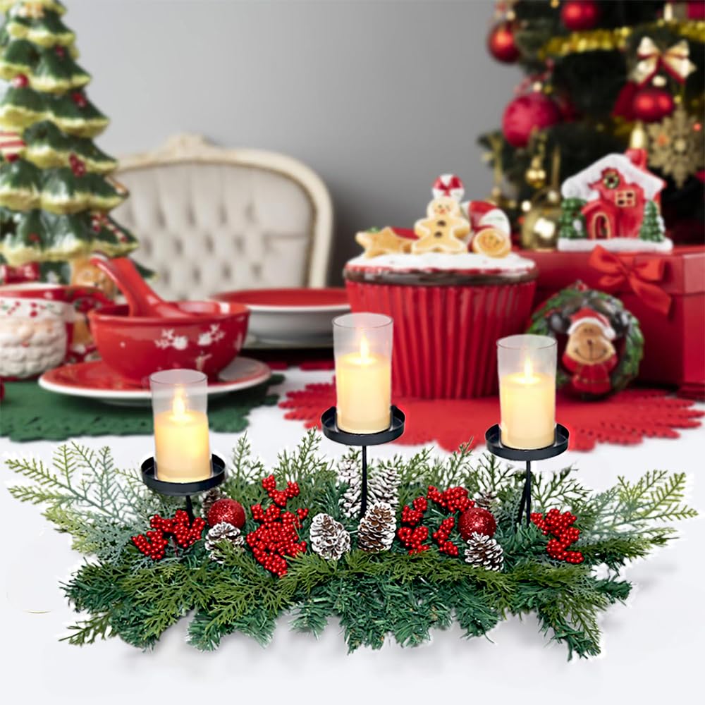 27.6" Christmas Table Centerpiece with Lighs Christmas Candle Holders with 3 Trays Red Berries Balls Pine Cones Xmas Pine Garland Lights Decoration for Centerpiece Table Mantel Holiday Home Decor