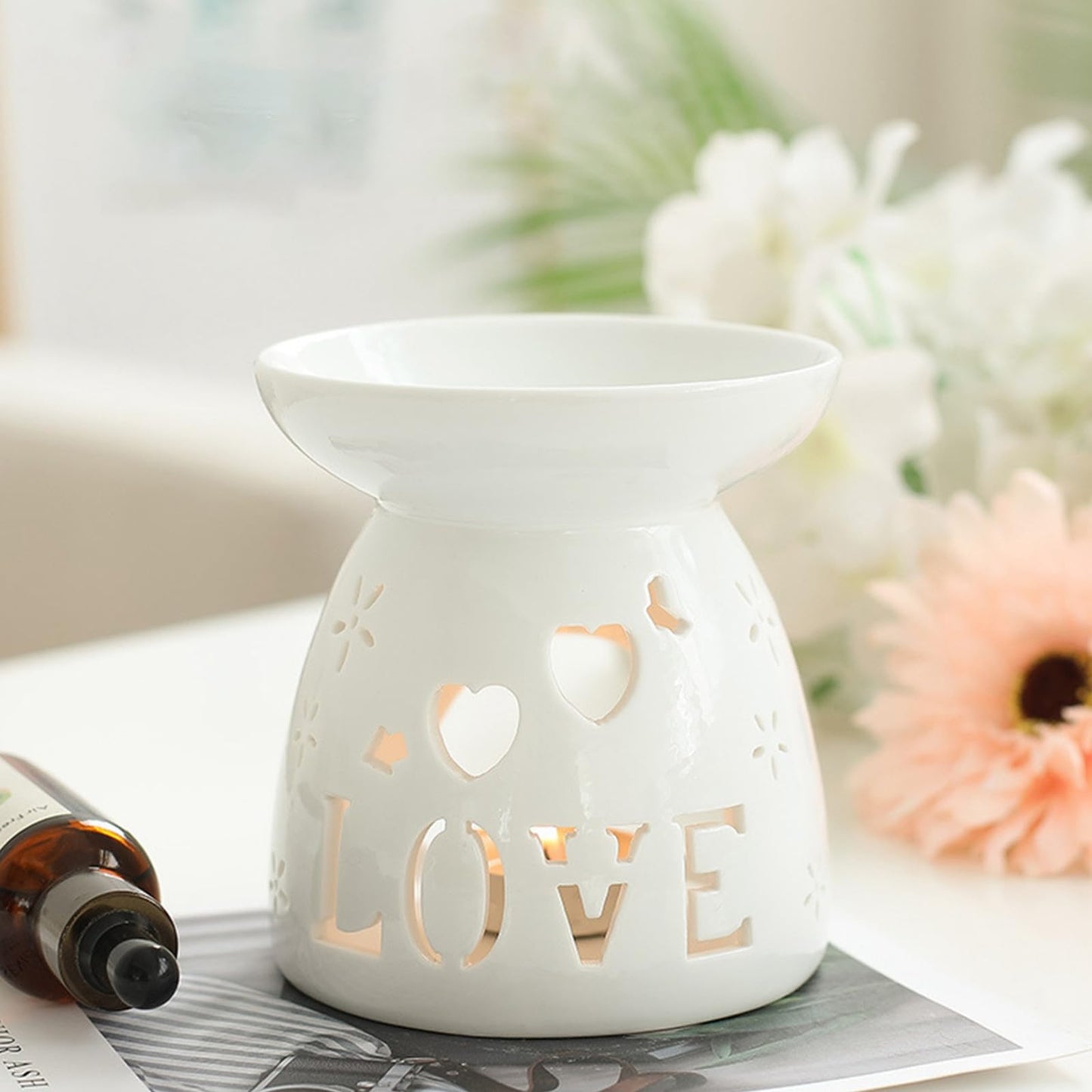 ZOOFOX 3 Pack Ceramic Essential Oil Burner, Tealight Wax Warmer with Candle Spoon, Aromatherapy Essential Tealight Candle Holder for Home Bedroom Decor, Christmas Housewarming Gift