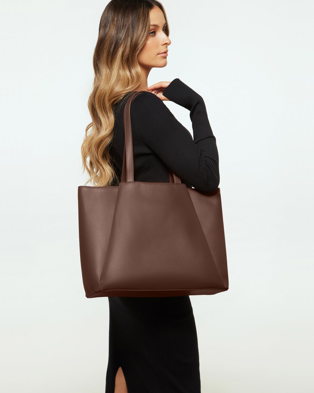 Work Tote Bags for Women 15.6 Inch - Laptop Tote Bag with Zip Compartments - Large PU Leather Office Purse Computer Briefcase - Chocolate Brown