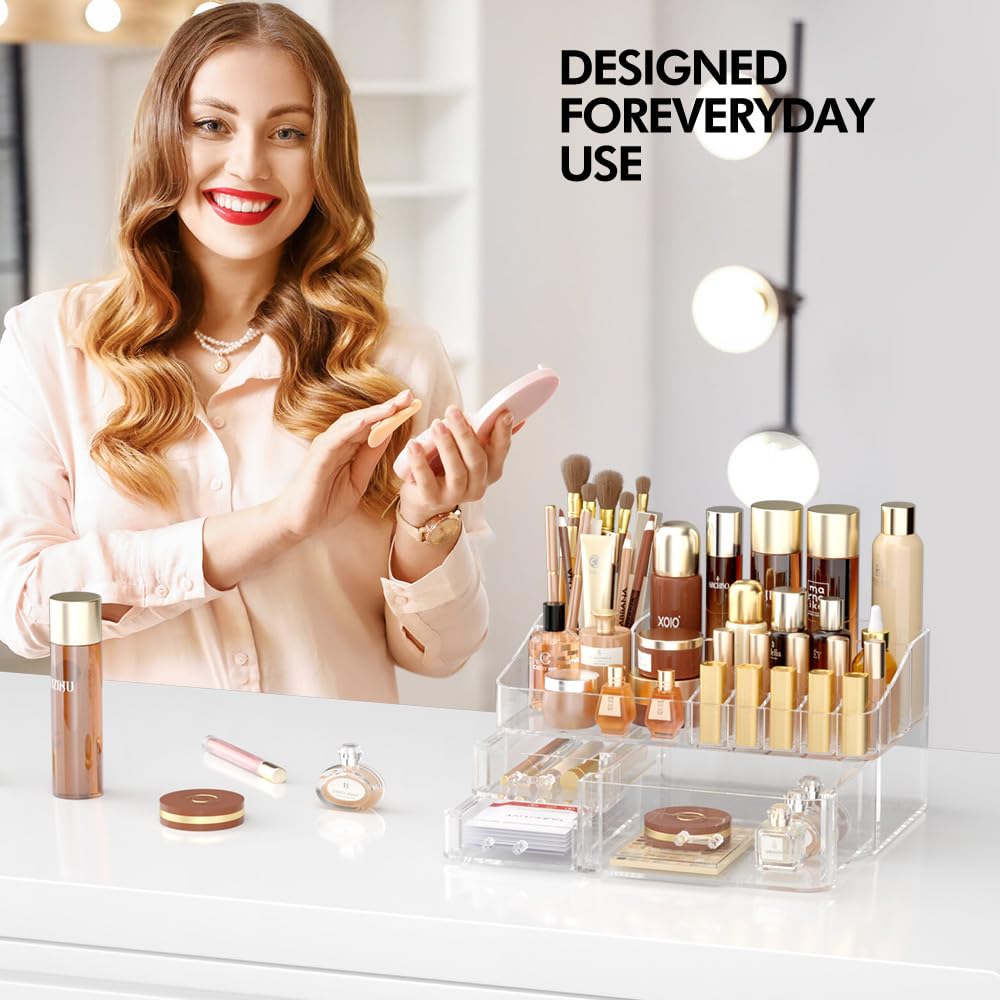 DALEMKY Makeup Organizer for Vanity, Acrylic Large Desk Organizer with Drawers, Ideal Vanity Holder for Cosmetics, Lipsticks, Nail Polish, Skincare, Countertop, Bathroom, Dresser