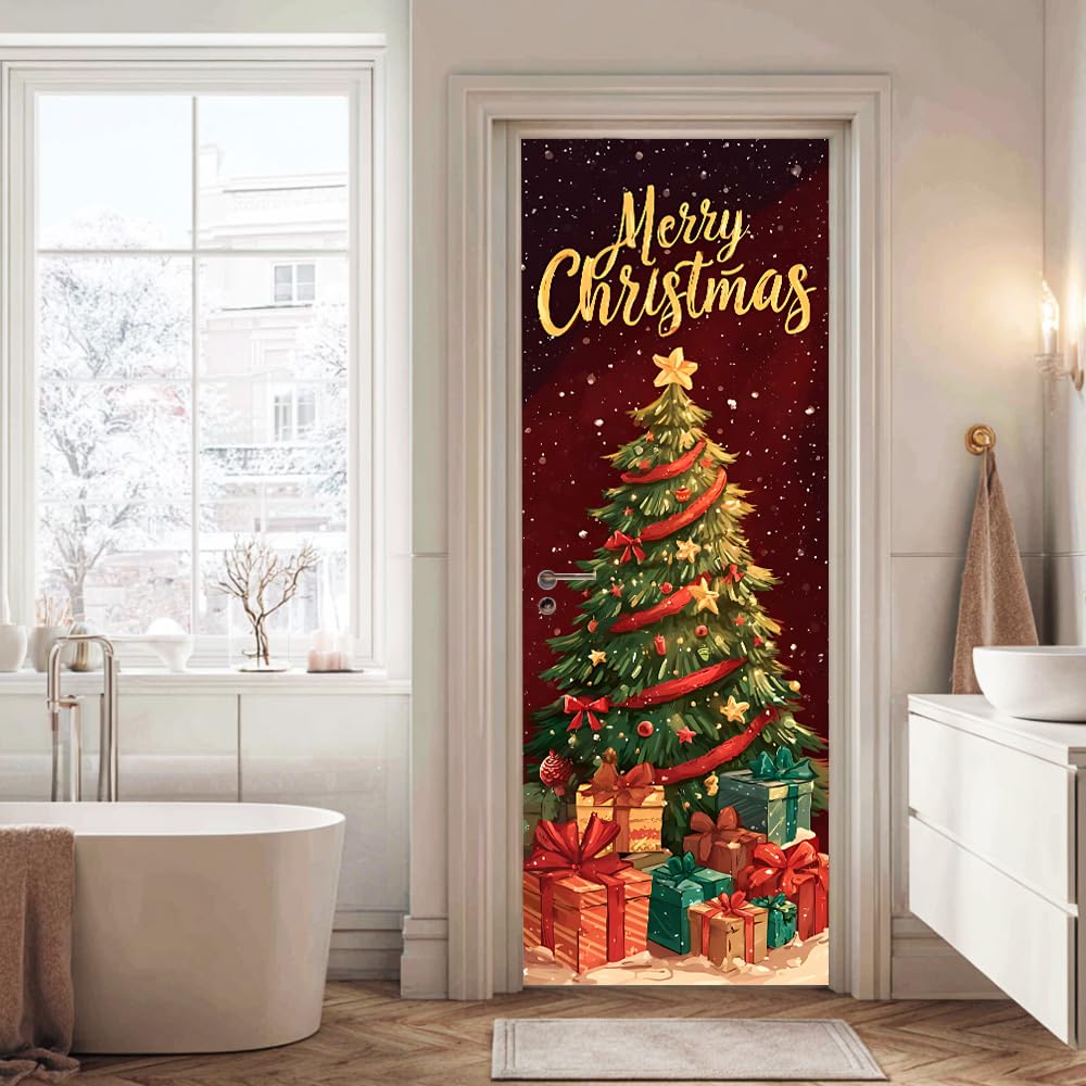 WDESYADMS 1PC Christmas Tree Door Sticker 30.3x78.7 Inch Self Adhesive PVC Peel and Stick Holiday Door Mural with Gift Boxes for Home Living Room Office Entrance Wall Art Decoration