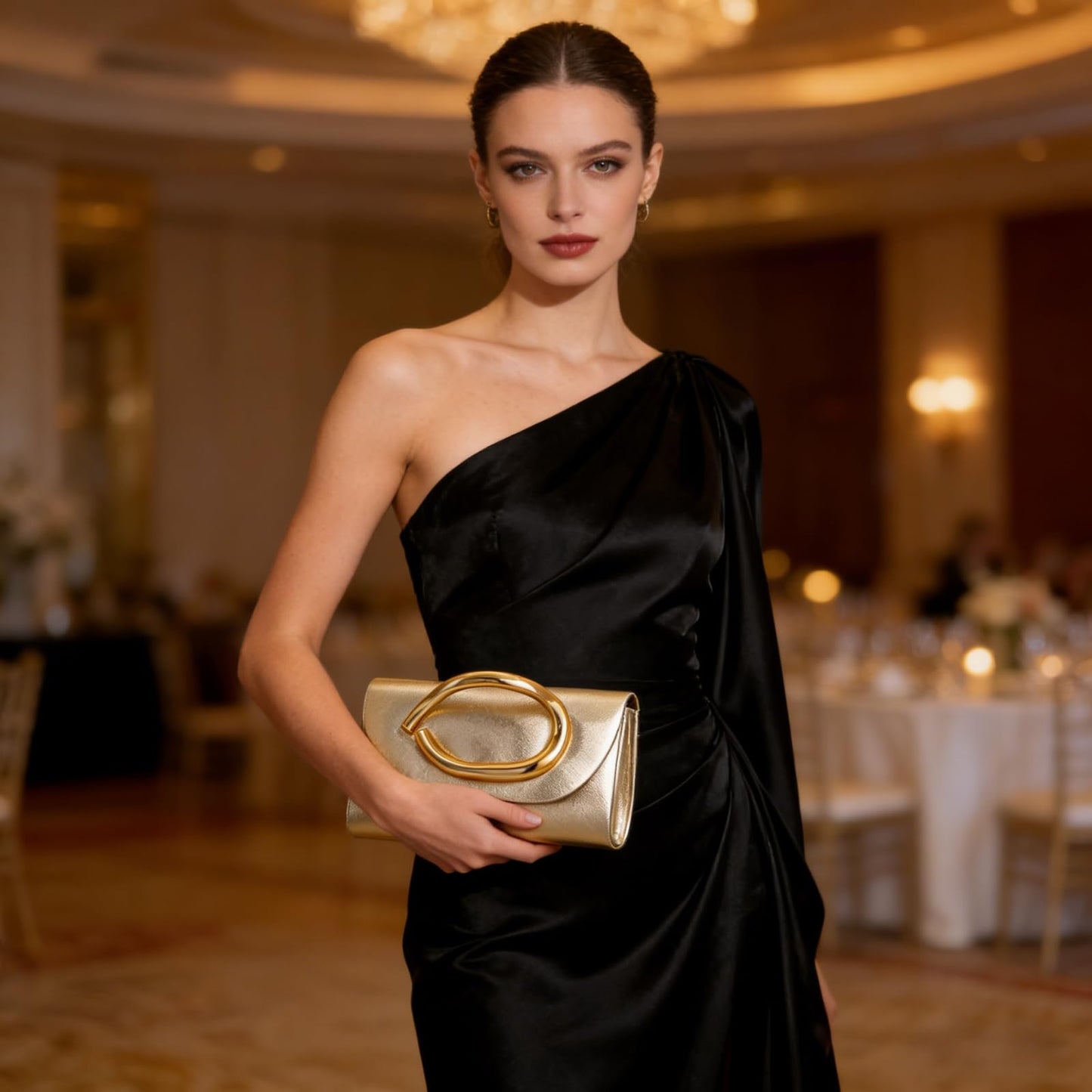 MYHOZEE Clutch Purses for Women Formal Black Clutch Vegan Leather Evening Bag Elegant Wedding Clutch Detachable Chain Handbag Trendy Gold Handle Purses