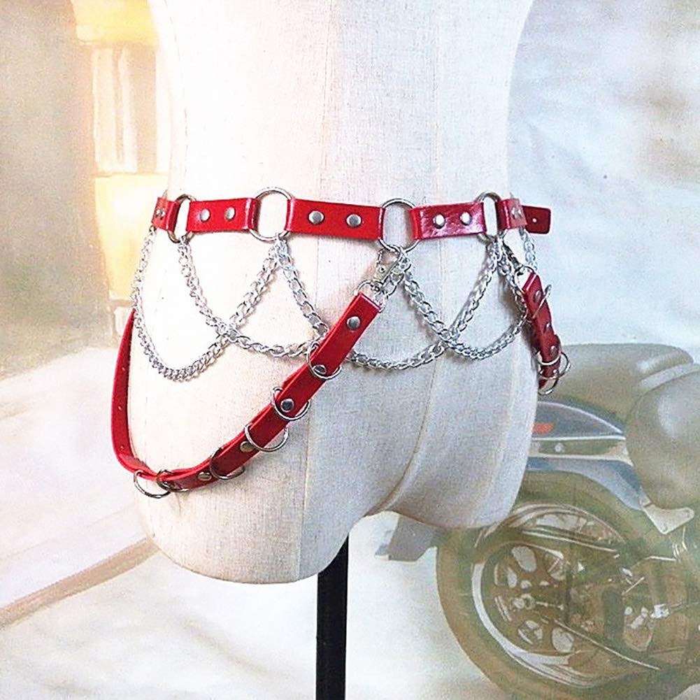 Punk Women Red Leather Harness Garter Belt Adjustable Waist Leg Body Chain Caged with Metal Tassel for Dress Rave Club Party
