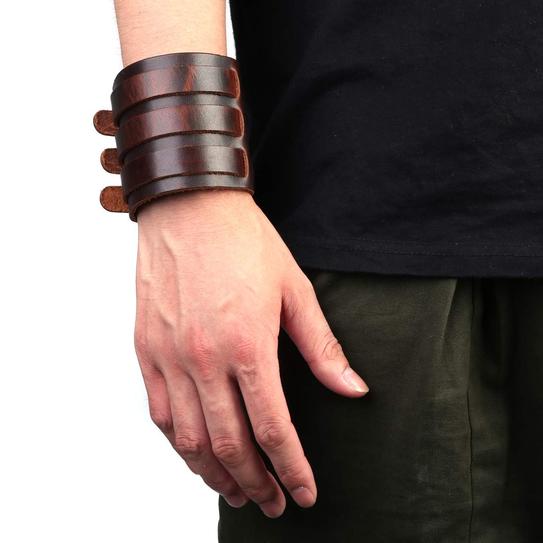 Men's leather broadband Cuff Bracelet guard wristband alloy fastening armor cuffs (Brown-2.7 inches wide)