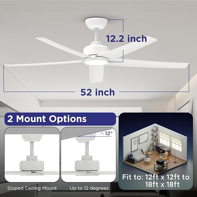 ocioc 2 Pack 52 inch Ceiling Fans with Lights and Remote Control, Ultra Quiet DC Motor, 3 Color Temperatures Modern Ceiling Fan for Bedroom Patio Indoor Covered Outdoor White
