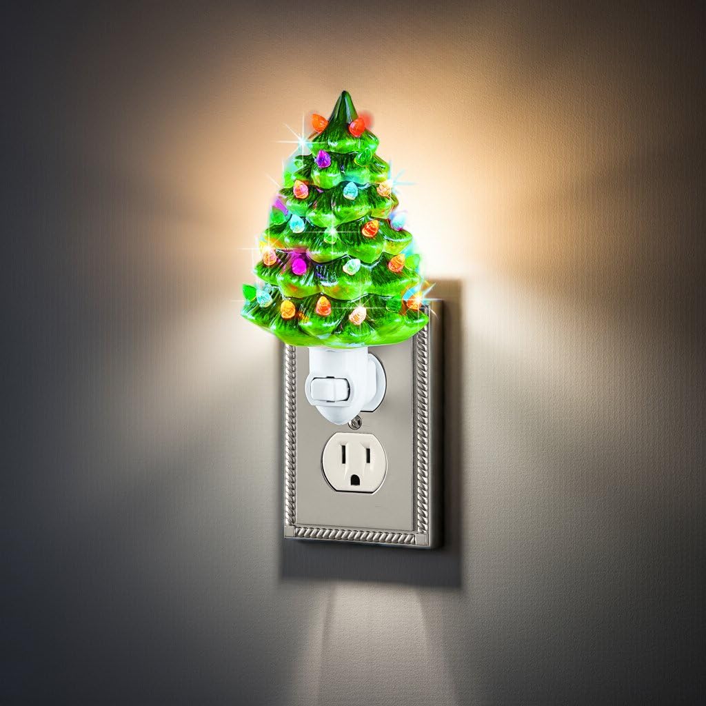Collections Etc Ceramic Christmas Tree Night Light - 6"H, Nostalgic, Decorative Bathroom Decoration, Green