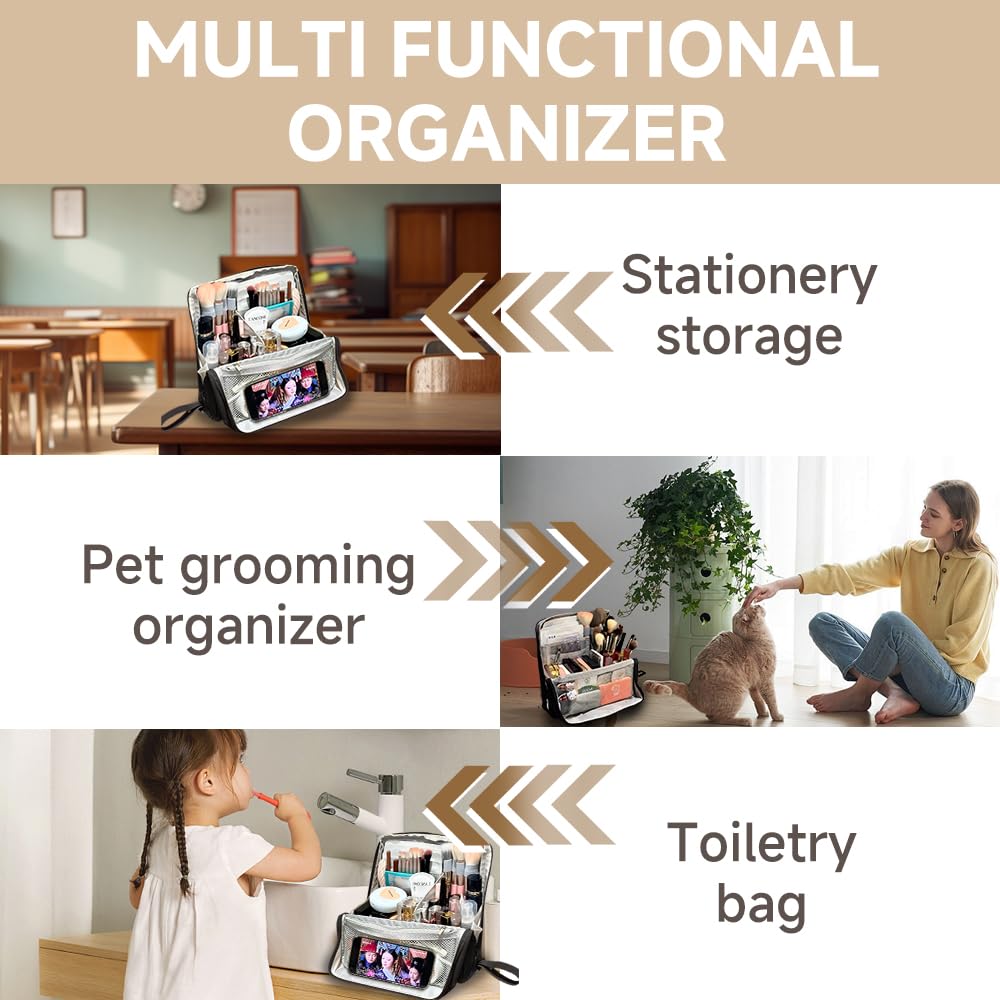 Geelraqaly standing Makeup Bag, Compact Yet Spacious Cosmetic Organizer, Waterproof Toiletry Bag with Divider, Brush Holder, Upright Design & Phone/Mirror Holder, Portable Travel Case,black