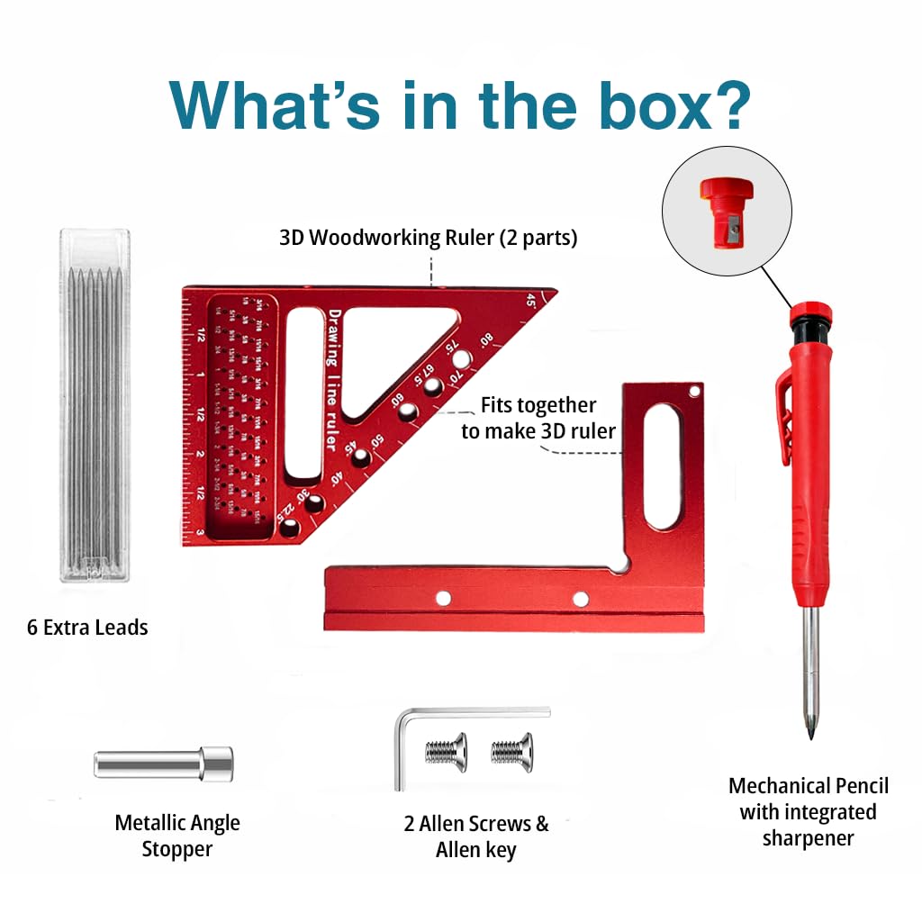 4.7"Mini 3D Multi-Angle Measuring Square Ruler, QWTR1 High Precision Hole Scribing Woodworking Tools, 22.5°-90° Aluminum Alloy Carpenter Square with Angle Pin, Carpenter Pencil with Sharpener 6 Leads
