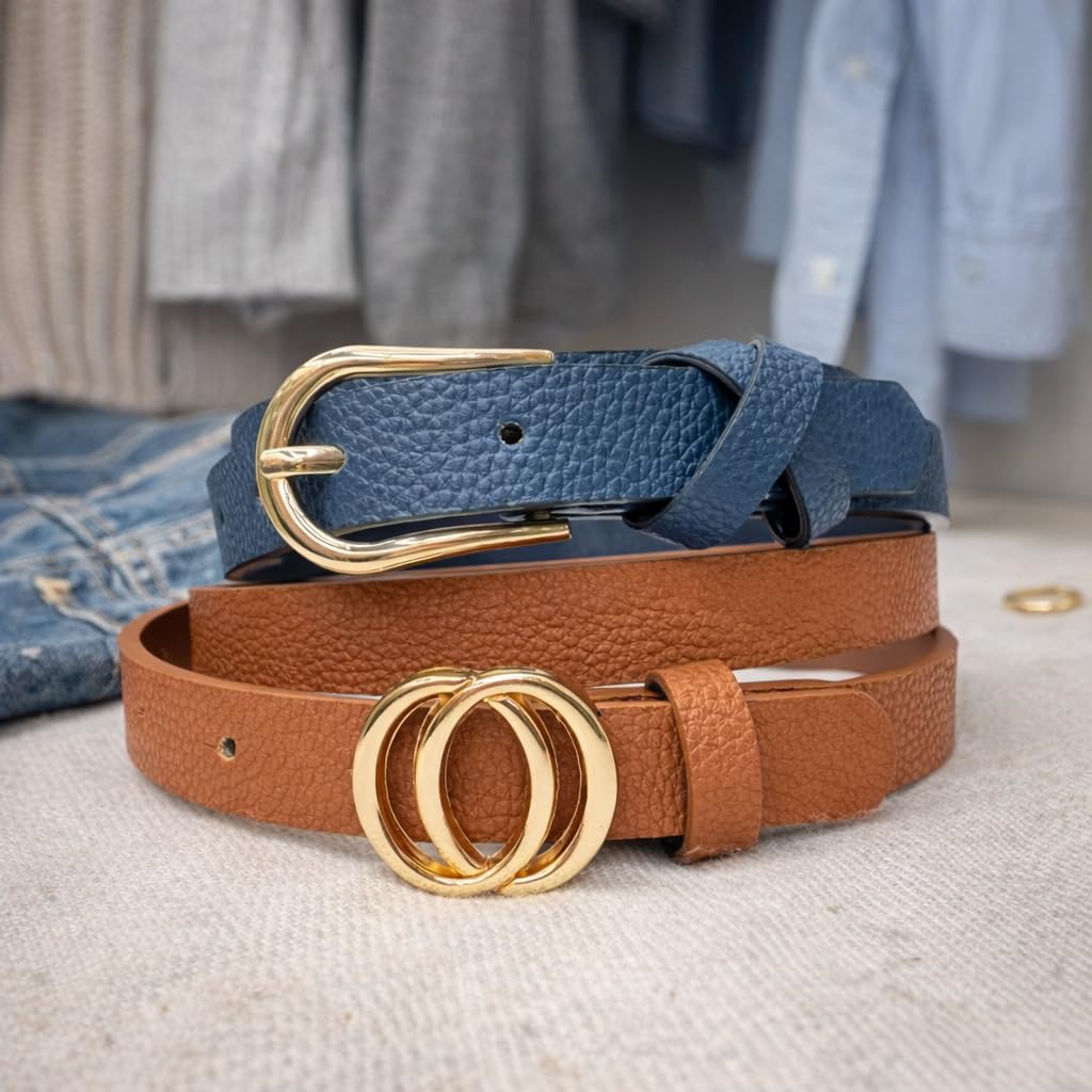 TRUE LOVE ACCESSORIES Women’s 2-Pack Skinny Belts – Slim Faux Leather Waist Belts with Gold Buckle – Dressy & Casual Jean Belts for Women (Navy/Cognac, 1X/2X)