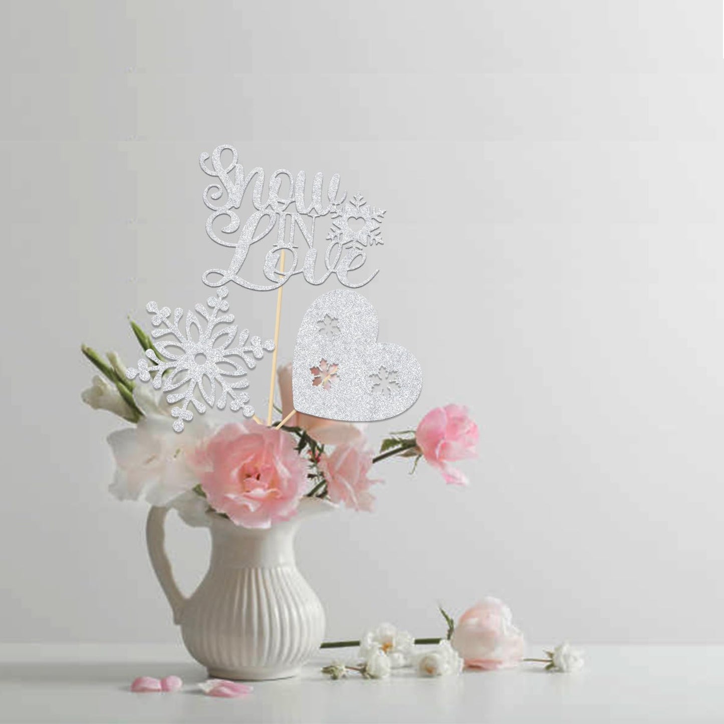 12Pcs Snow in Love Centerpiece Sticks - Winter Bridal Shower Table Decorations - Winter Snowflake Theme Party Decoration Silver Glitter