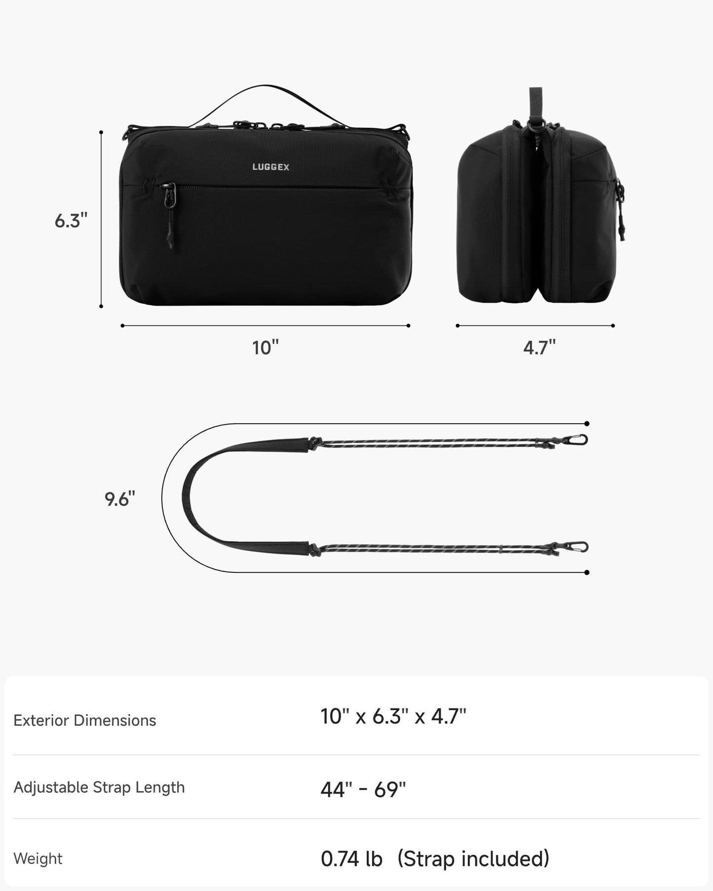 LUGGEX Large Tech Pouch, Cable Organizer Bag with Removable Crossbody Strap, Dual Accessories Bag & Water Resistant for Kindle, Chargers, Cord, Earphone for Travel Office All-in-One, Black