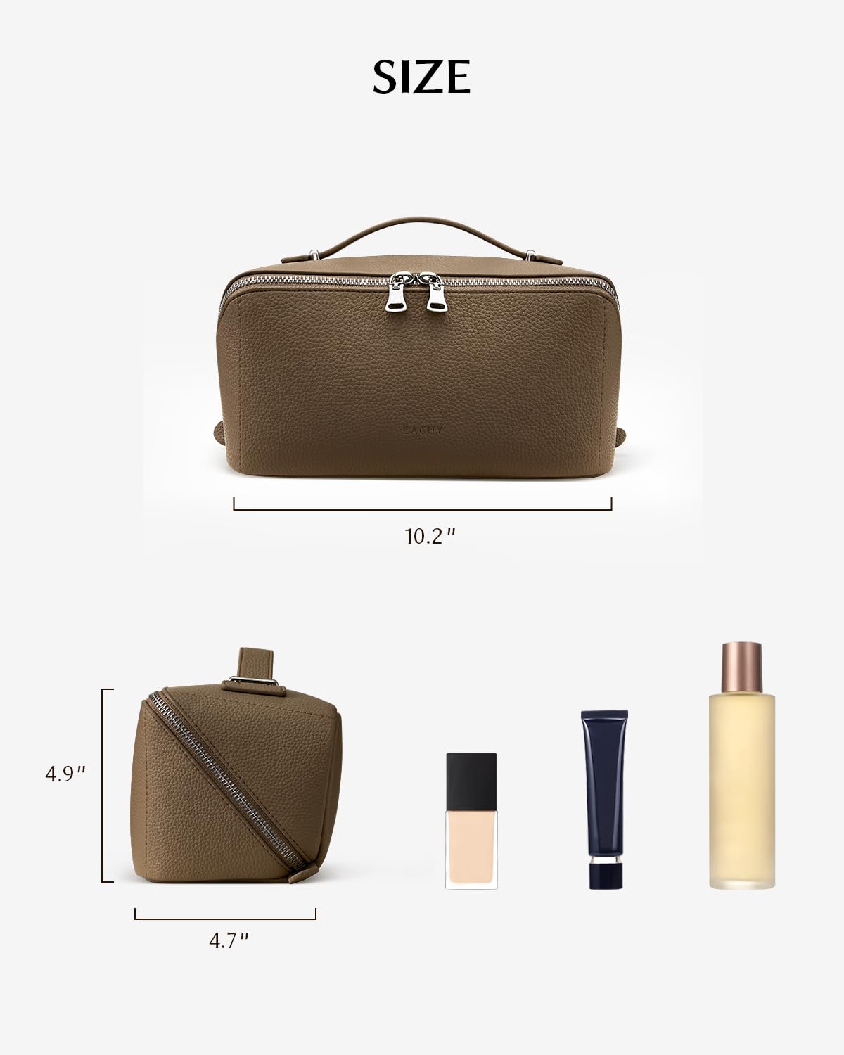EACHY Travel Makeup Bag, Lychee Leather Large Capacity Cosmetic Bag for Women, Open Flat Toiletry Bag with TPU Brush Compartment, Waterproof Skincare Organizer Travel Essentials