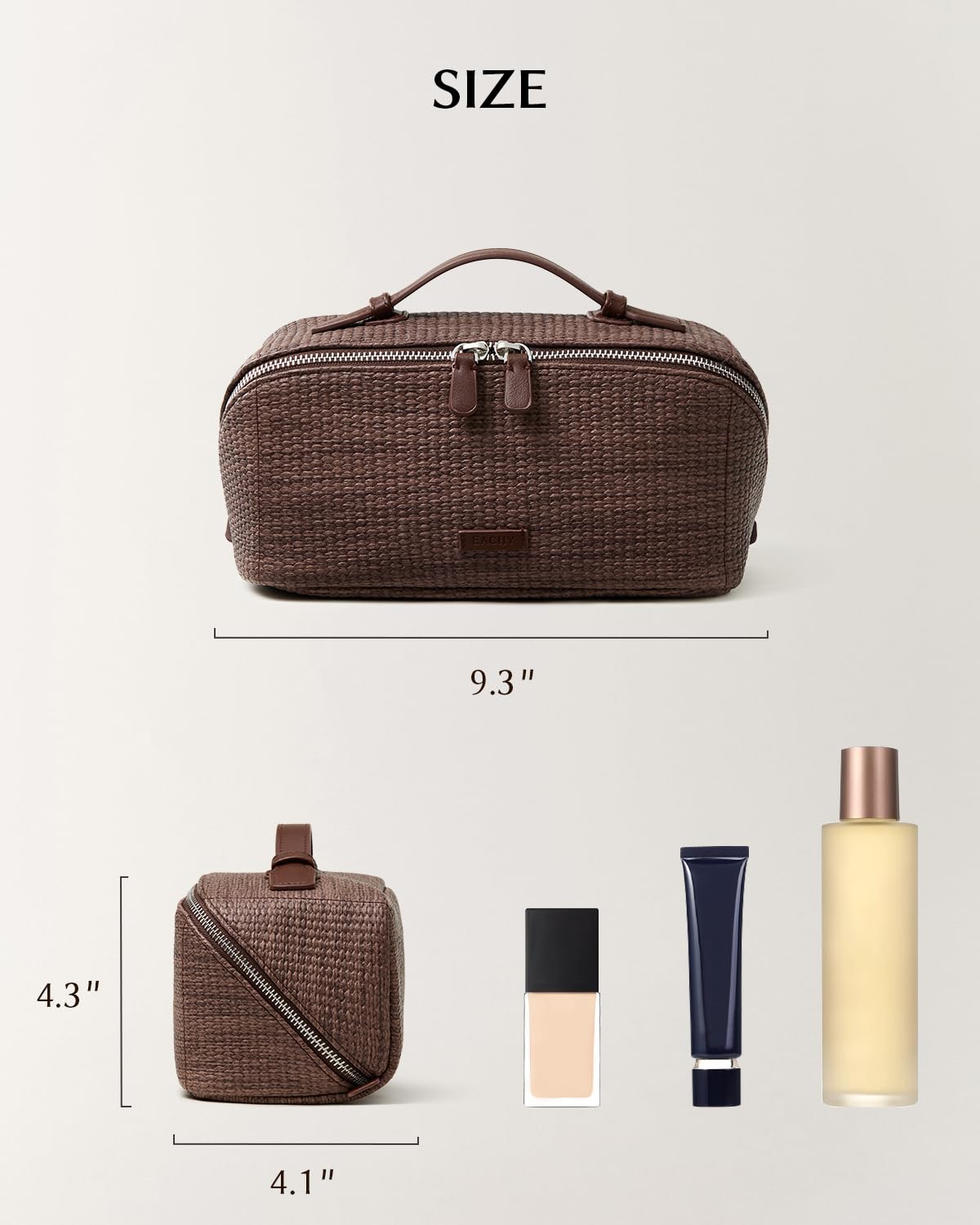 EACHY Travel Makeup Bag, Woven Travel Waterproof Toiletry Bag, Portable 180° Wide-Open Flat Cosmetic Bags for Women, Large Capacity Makeup Pouch with Divider and Handle