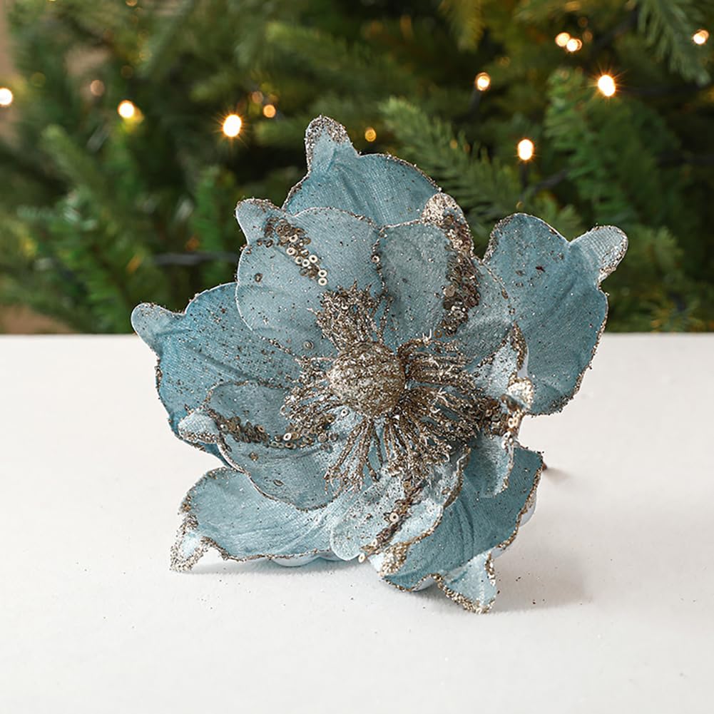 vctops 6 Pcs Poinsettia Artificial Flowers Christmas Tree Ornaments Velvet Glitter Magnolia Flowers for Xmas New Year Party Wedding Holiday DIY Decorations,Blue