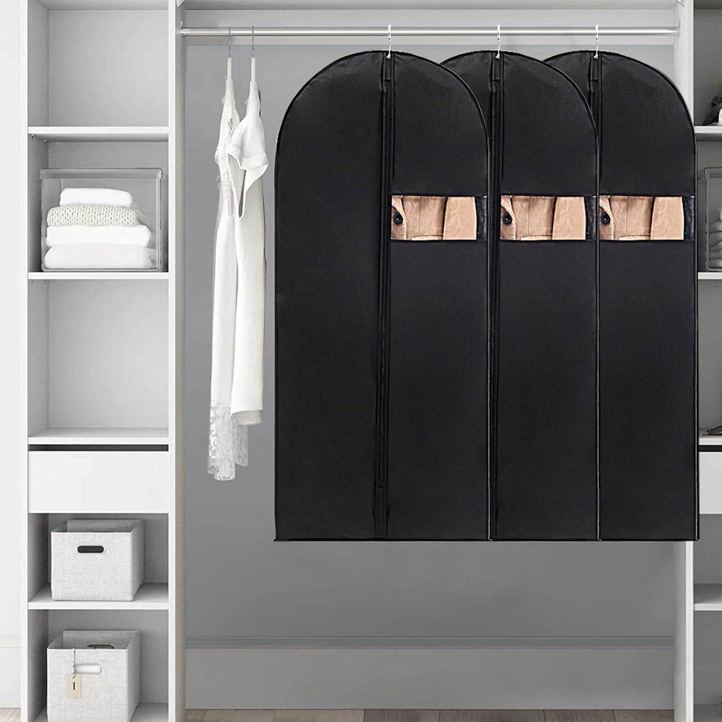 DOTUHAO Garment Bag, 24'' x 55'' Suit Bag, 4 Packs, Dress Bags for Gowns, Garment Bags for Travel, Travel Garment Bag, Garment Bags for Hanging Clothes, Washable Suit Cover for Suits, Coats (Black)