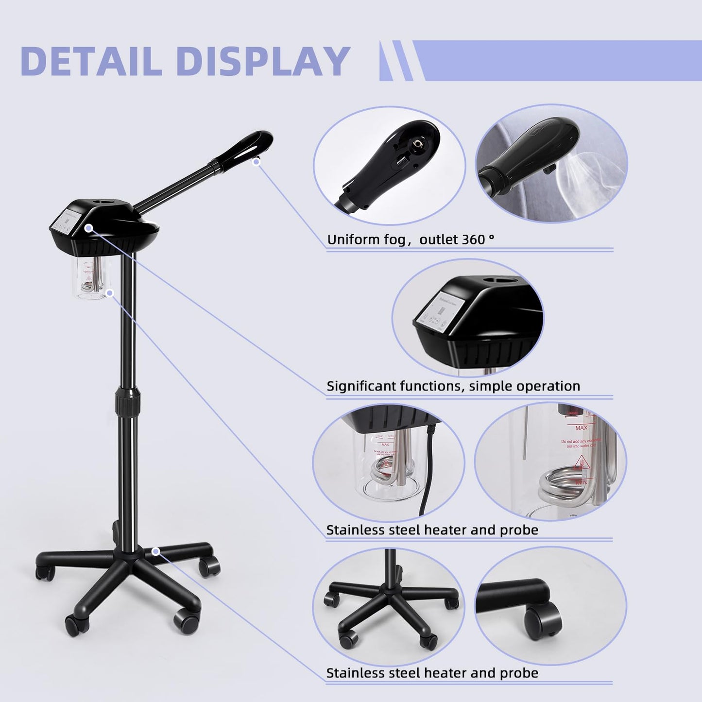 Facial Steamer, Face Steamer on on Wheels with More Steam, Adjustable Height for Face Steamer Suitable for Personal Home and Professional Personal Care Places,Moisturizing and Hydrating.