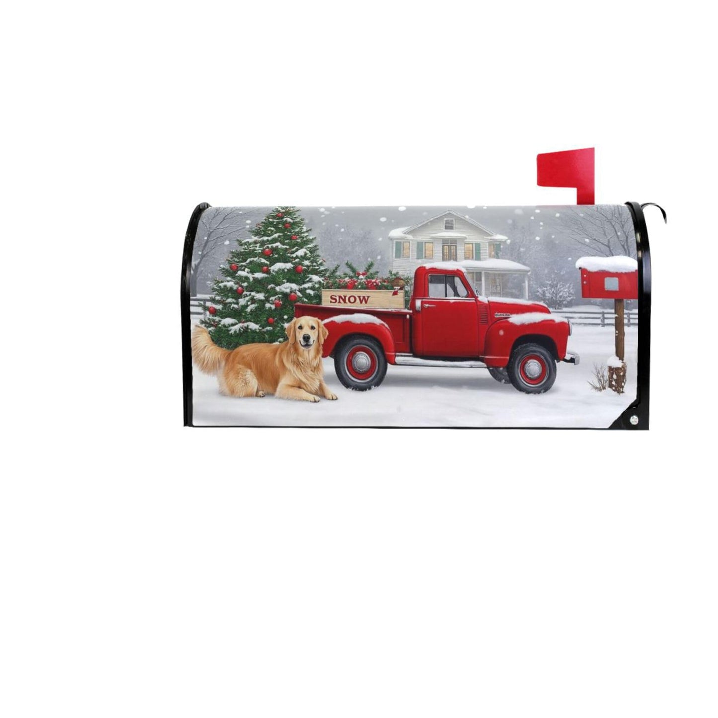 Christmas Tree Red Truck Magnetic Mailbox Covers Winter Snow Golden Retriever Dog Mailbox Cover Over Size Full Magnet Garden Yard Porch Mail Boxes Cover Holiday Decorations 25" L x 21" W